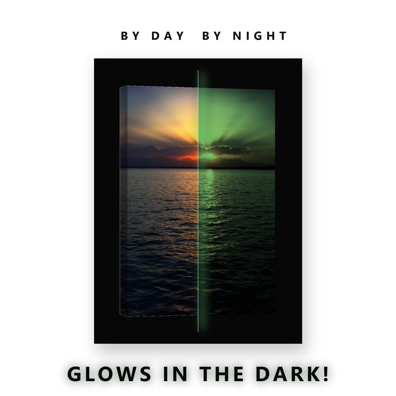 Golden Sunset Forest Lake Glow in the Dark Canvas Wall Art for Living Room, glowing at night