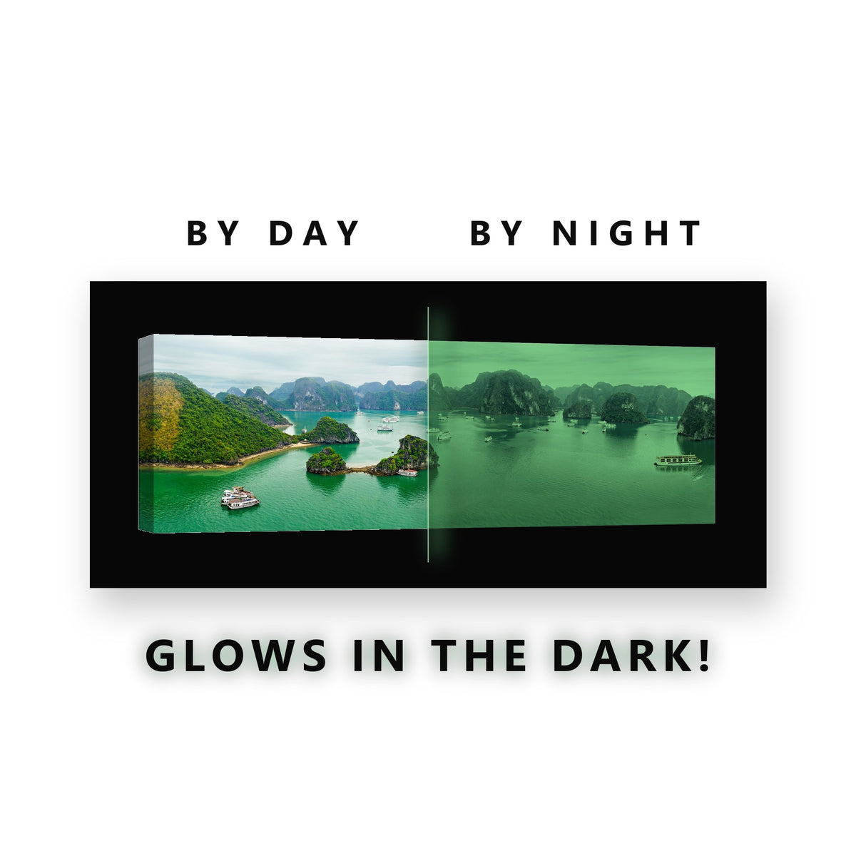 Rocky Shoreline Sunset Waves Glow in the Dark Canvas Wall Art for Man Cave, glowing at night