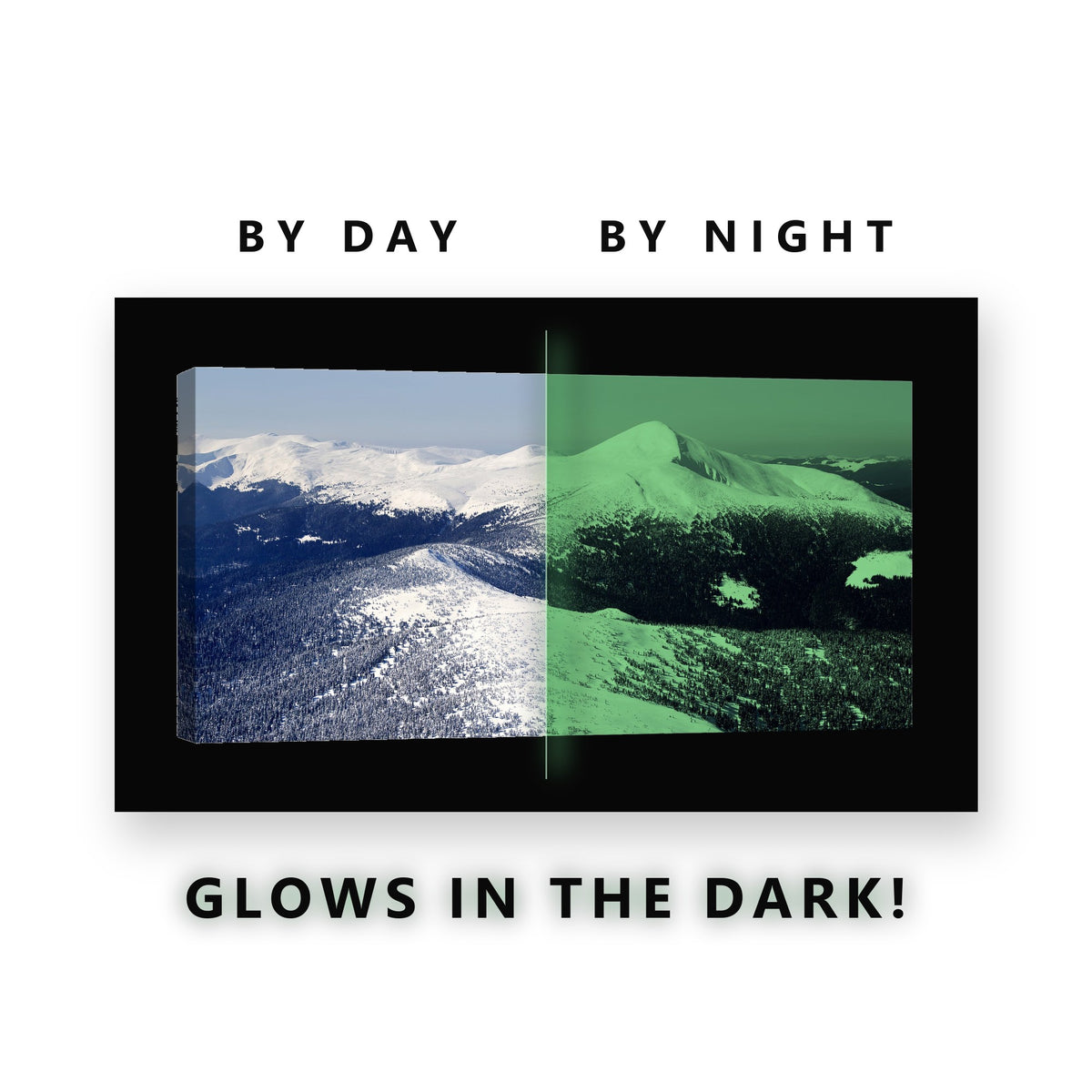 Emerald Mountain Lake Peaks Glow in the Dark Canvas Wall Art for Living Room, glowing at night