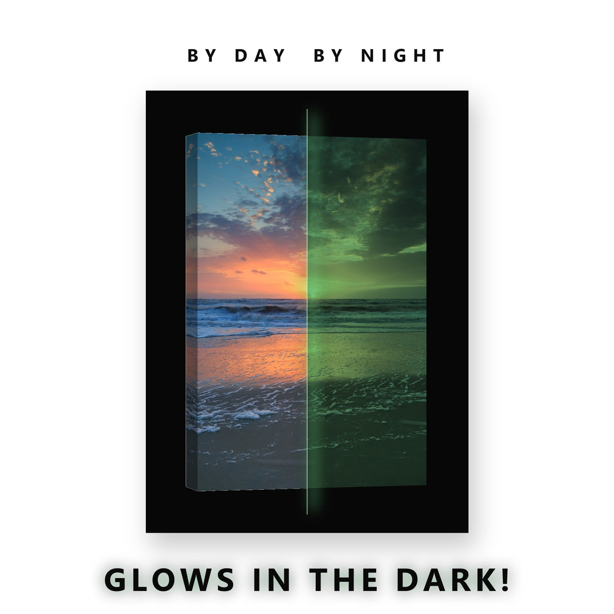 Colorful Sunset Ocean Beach Glow in the Dark Canvas Wall Art for Bedroom, glowing at night