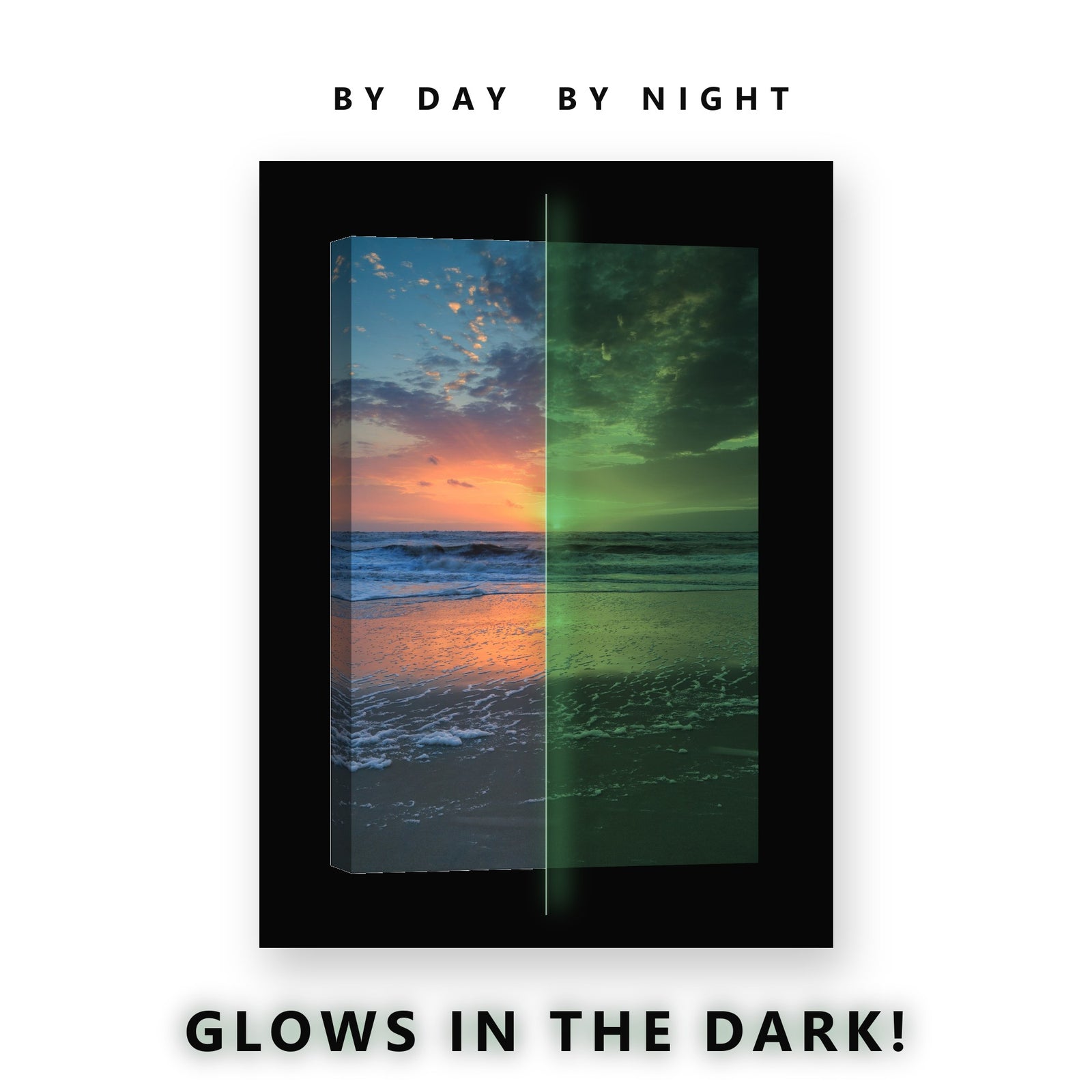Colorful Sunset Ocean Beach Glow in the Dark Canvas Wall Art for Bedroom, glowing at night