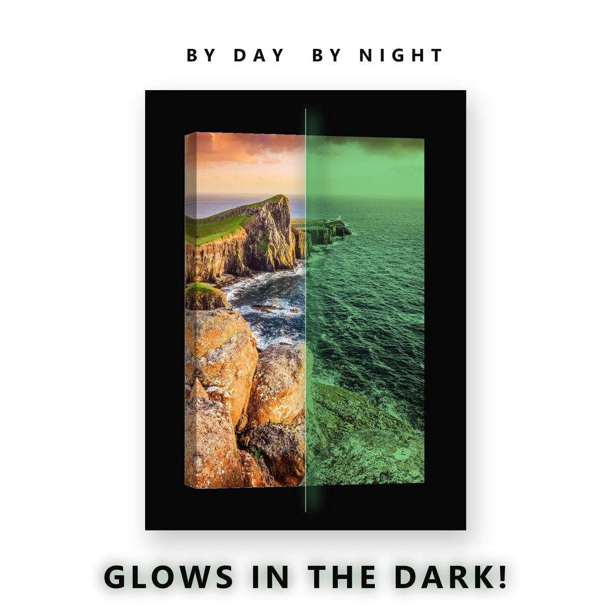 Sea Cliffs Lighthouse Sunset Glow in the Dark Canvas Wall Art for Living Room, glowing at night