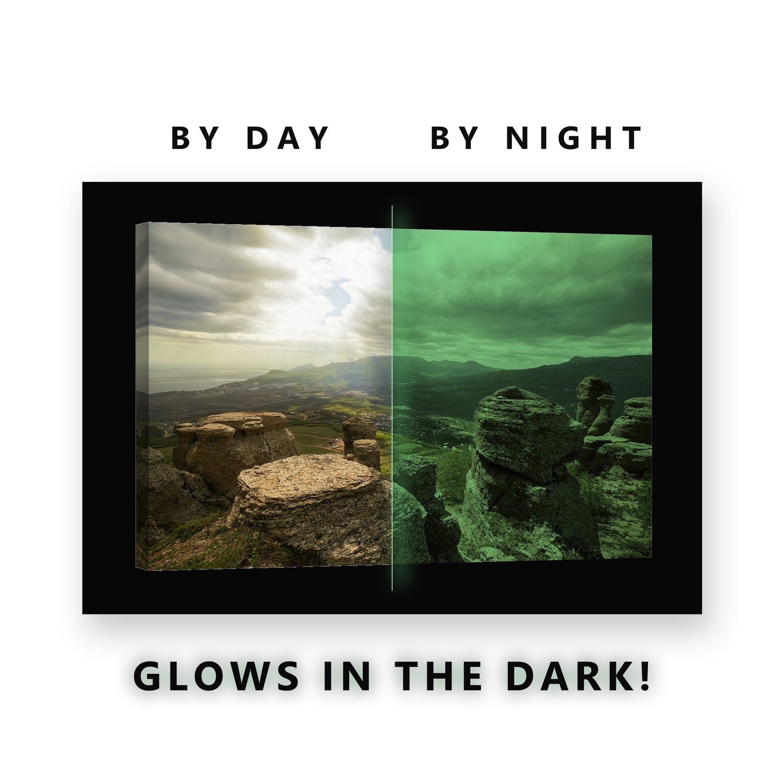 Rocky Overlook Valley View Glow in the Dark Canvas Wall Art for Living Room, glowing at night