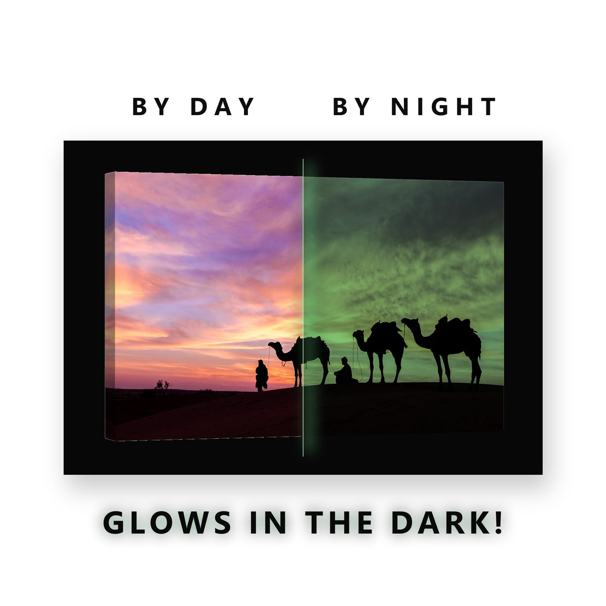 Desert Camel Caravan Sunset Glow in the Dark Canvas Wall Art for Boys Bedroom, glowing at night