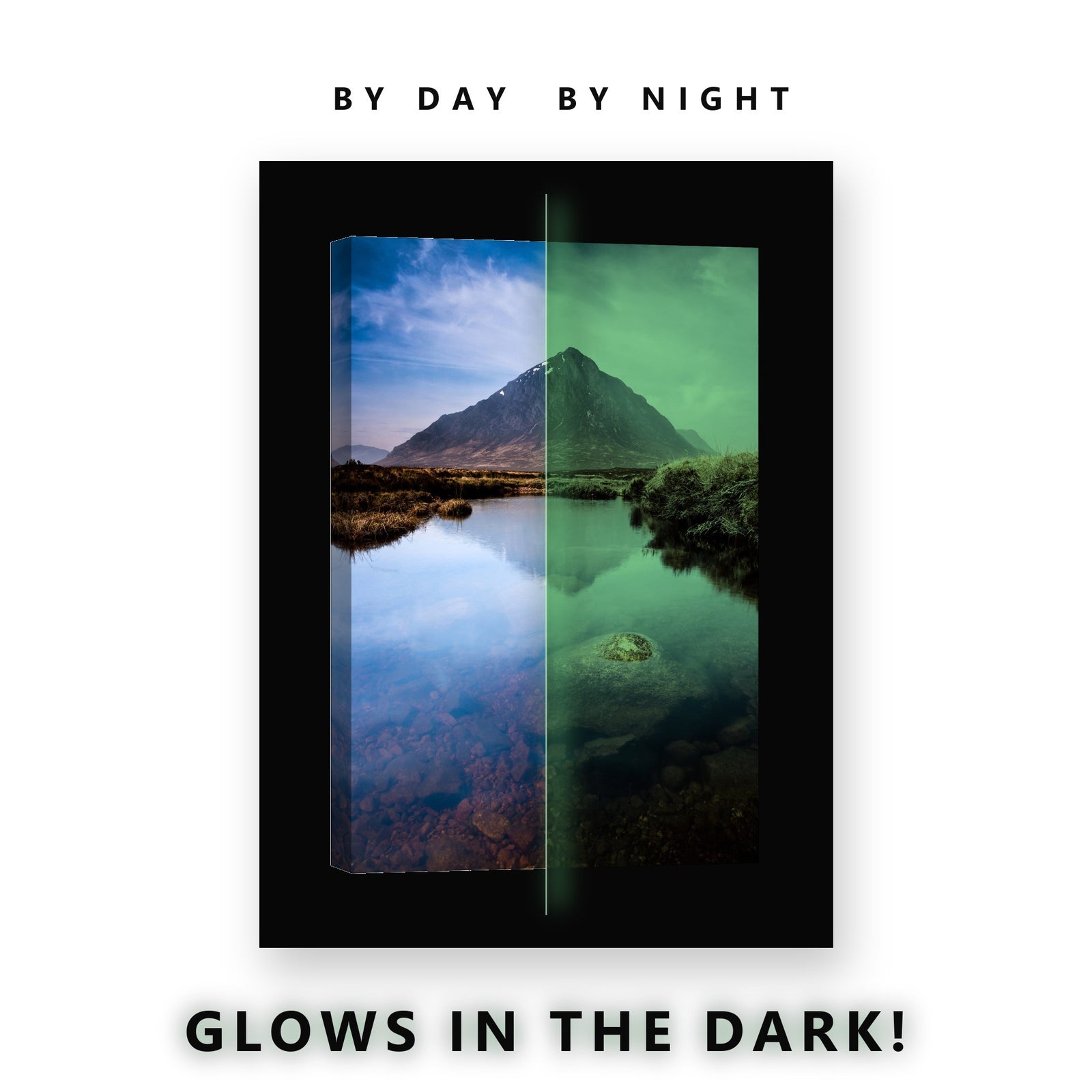 Pyramid Mountain Reflection Glow in the Dark Canvas Wall Art for Living Room, glowing at night