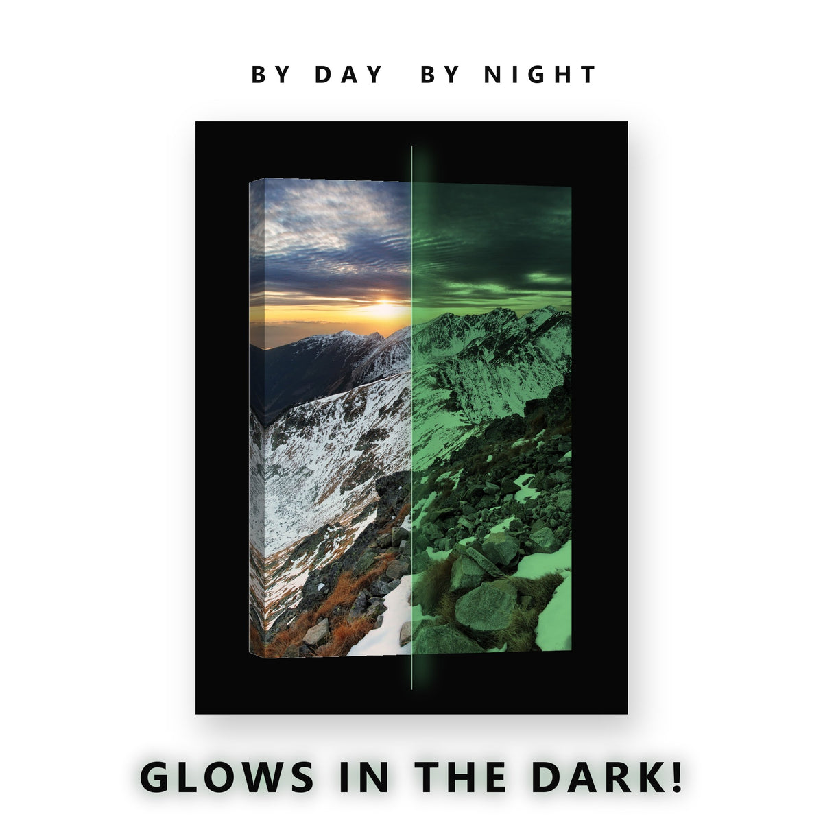 Snowy Jagged Ridge Sunrise Glow in the Dark Canvas Wall Art for Living Room, glowing at night
