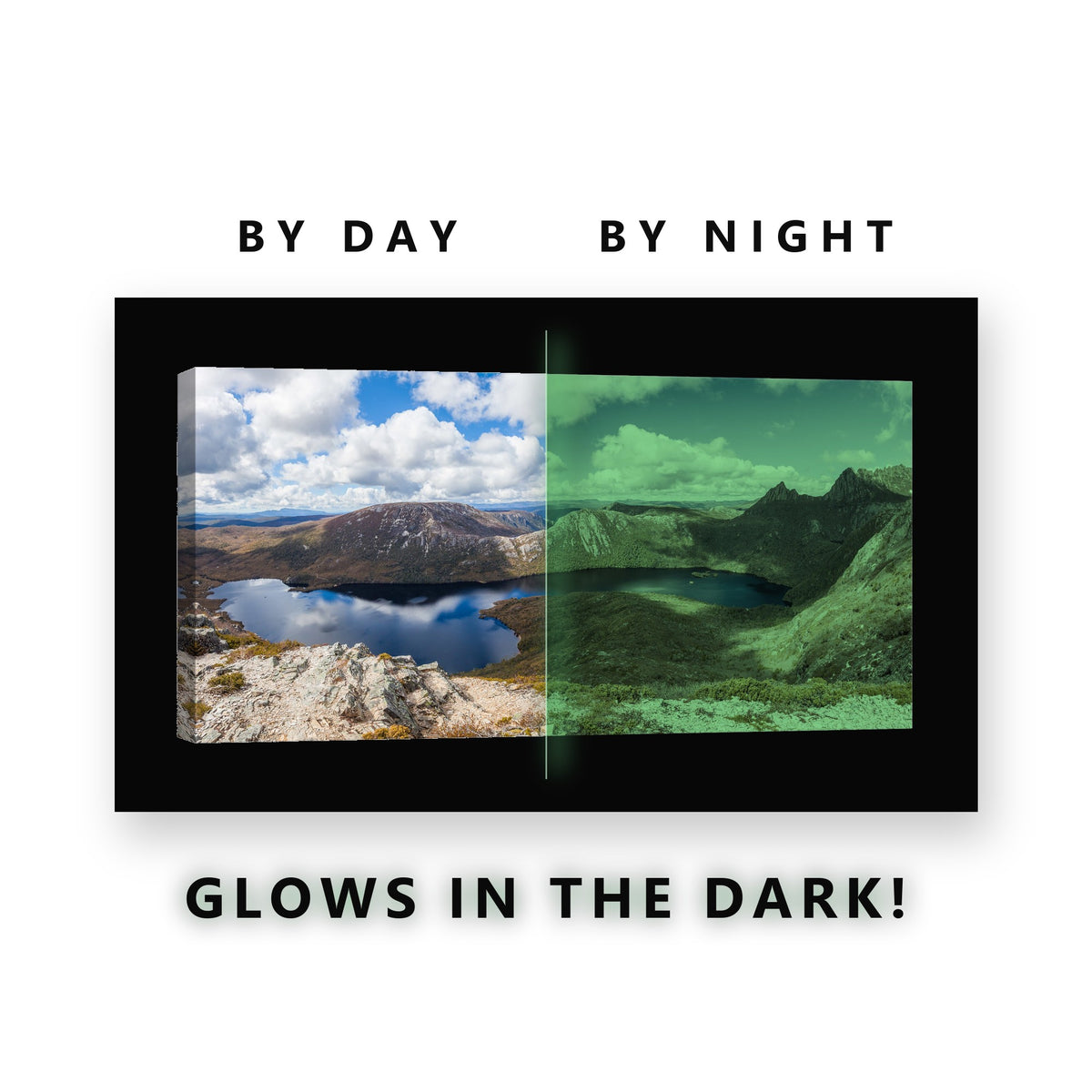 Mountain Lake Rocky Peaks Glow in the Dark Canvas Wall Art for Living Room, glowing at night