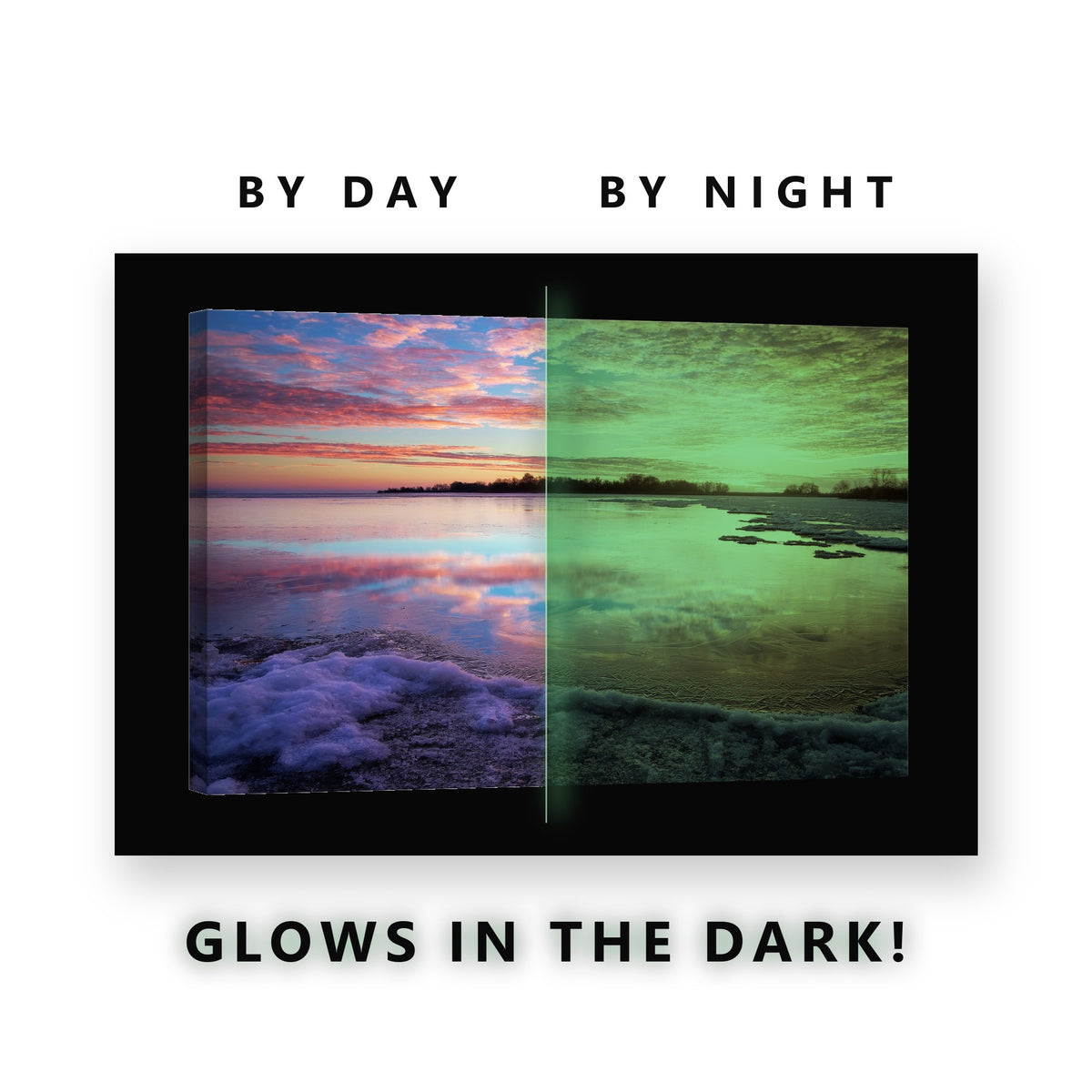 Pink Sunset Icy Lakeshore Glow in the Dark Canvas Wall Art for Bedroom, glowing at night