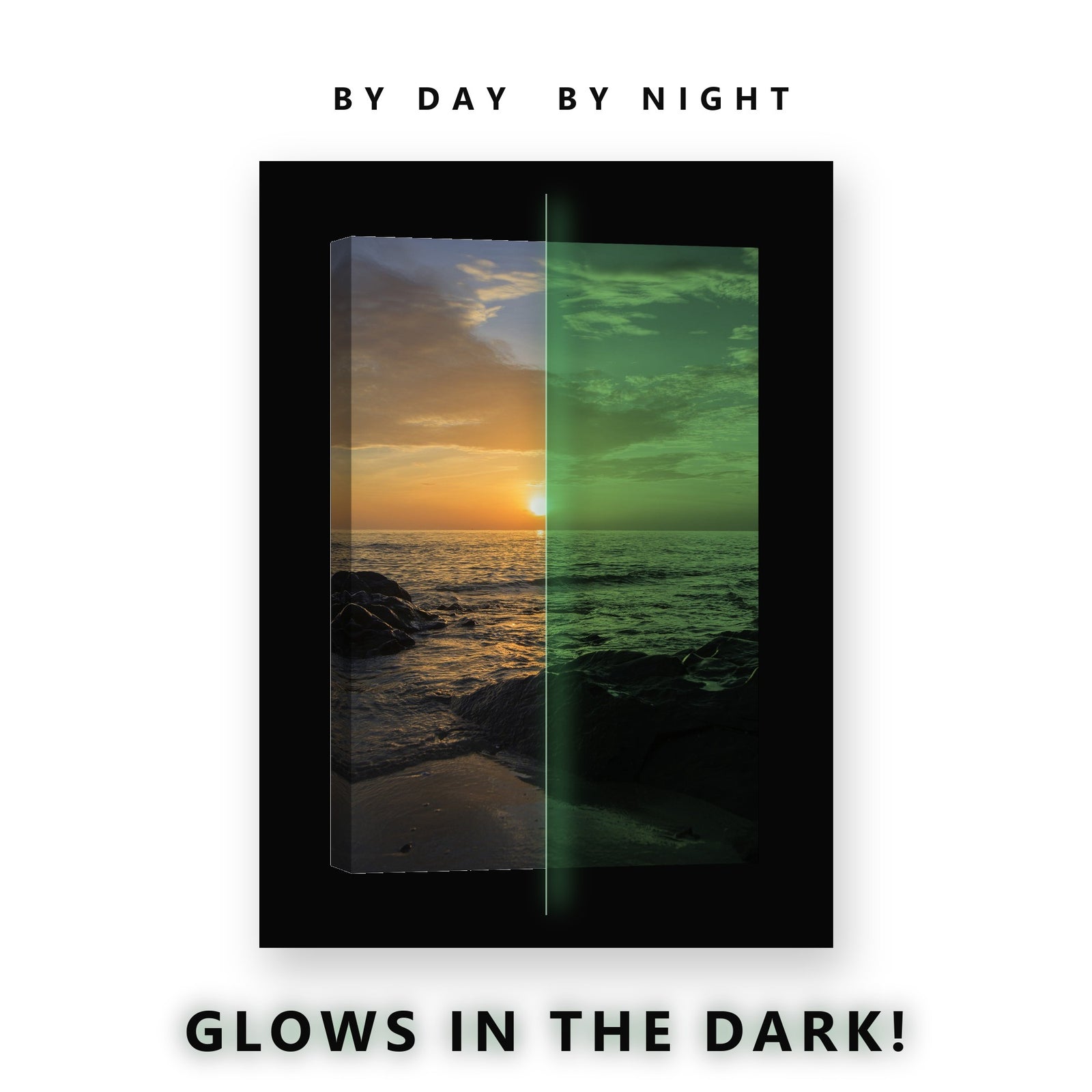 Golden Sunset Ocean Rocks Glow in the Dark Canvas Wall Art for Bedroom, glowing at night