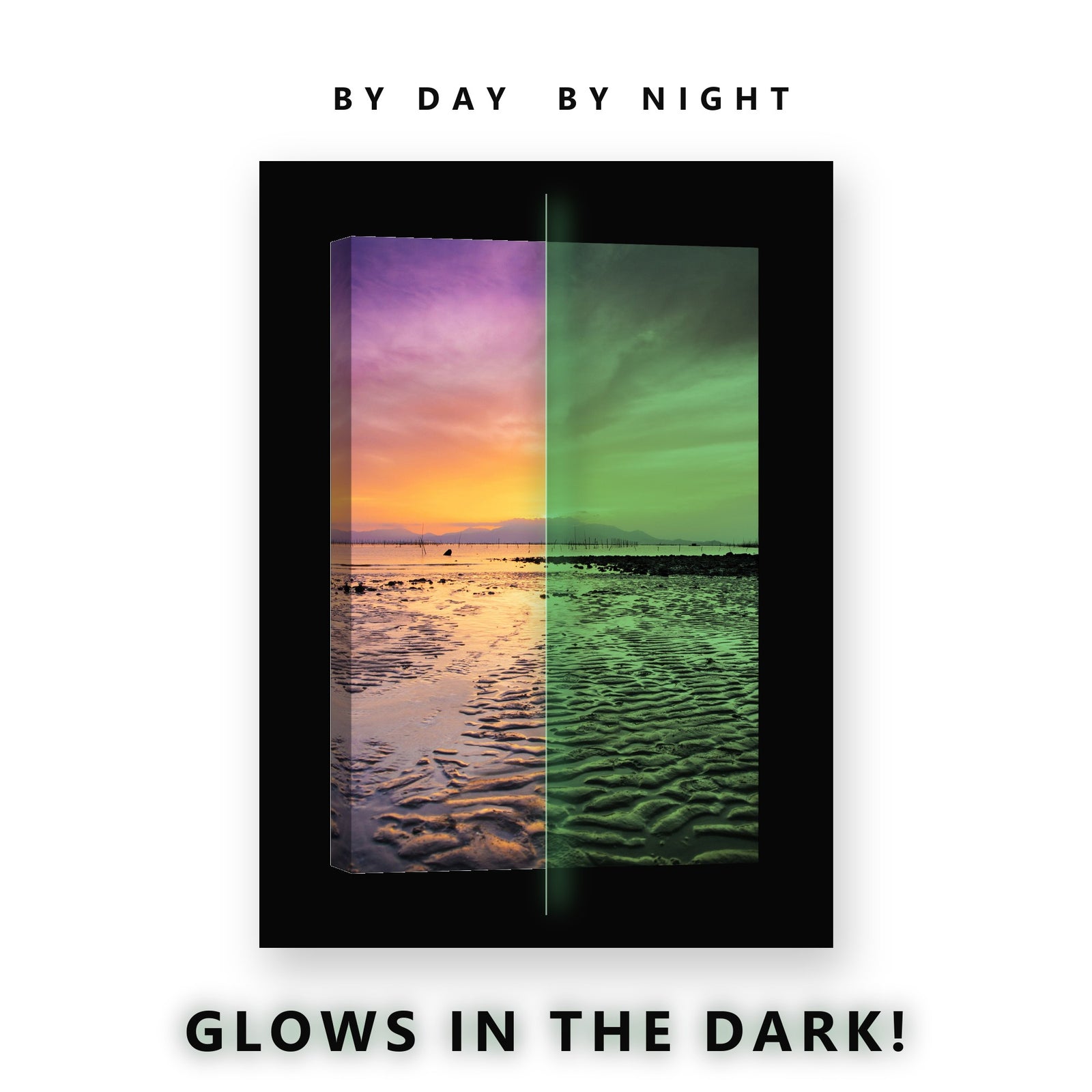 Purple Dusk Tidal Flat Glow in the Dark Canvas Wall Art for Bedroom, glowing at night