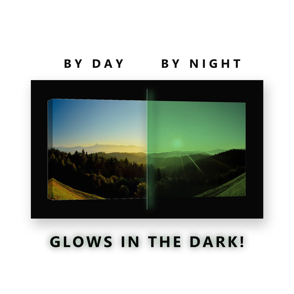 Misty Valley Sunrise Hills Glow in the Dark Canvas Wall Art for Living Room, glowing at night
