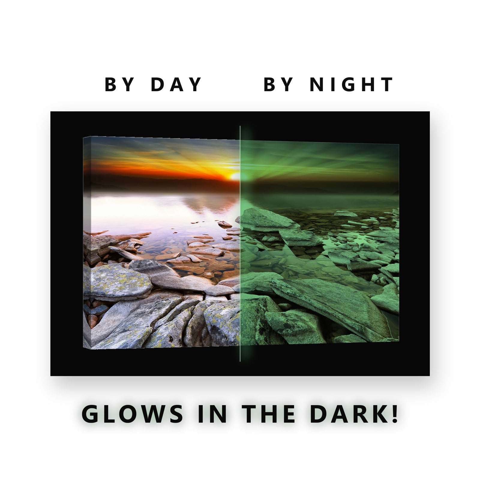 Sunset Rocky Shore Tide Pools Glow in the Dark Canvas Wall Art for Man Cave, glowing at night