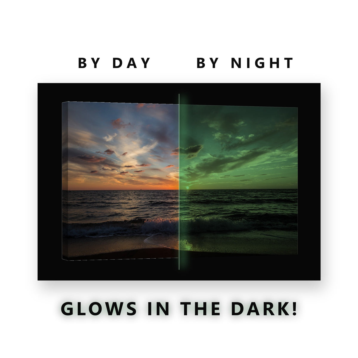 Colorful Sunset Waves Shore Glow in the Dark Canvas Wall Art for Bedroom, glowing at night