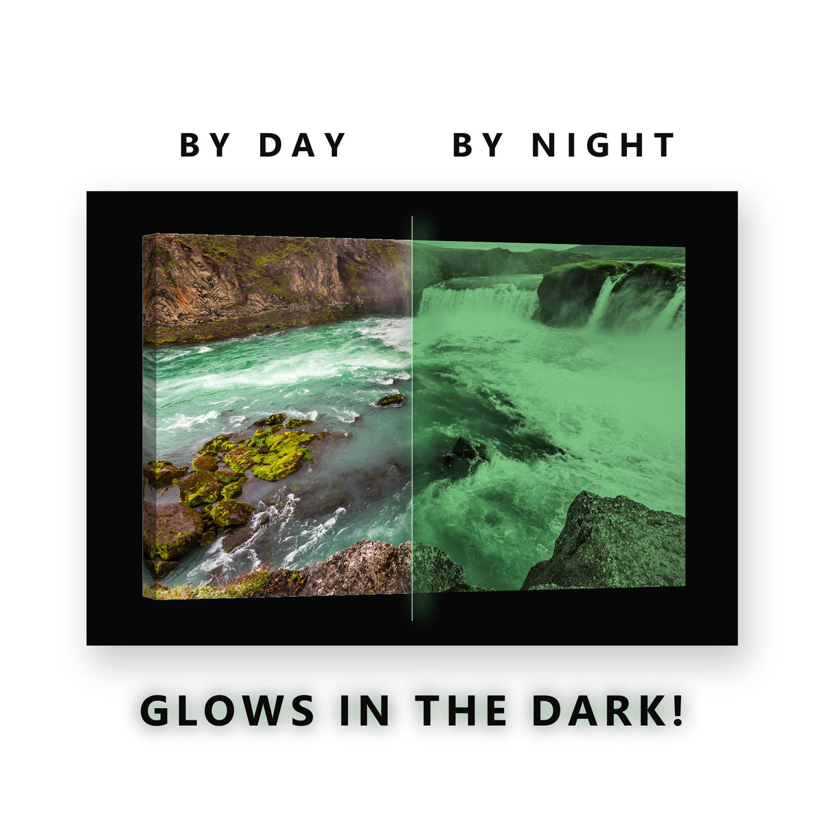 Turquoise Glacial Waterfall Glow in the Dark Canvas Wall Art for Living Room, glowing at night