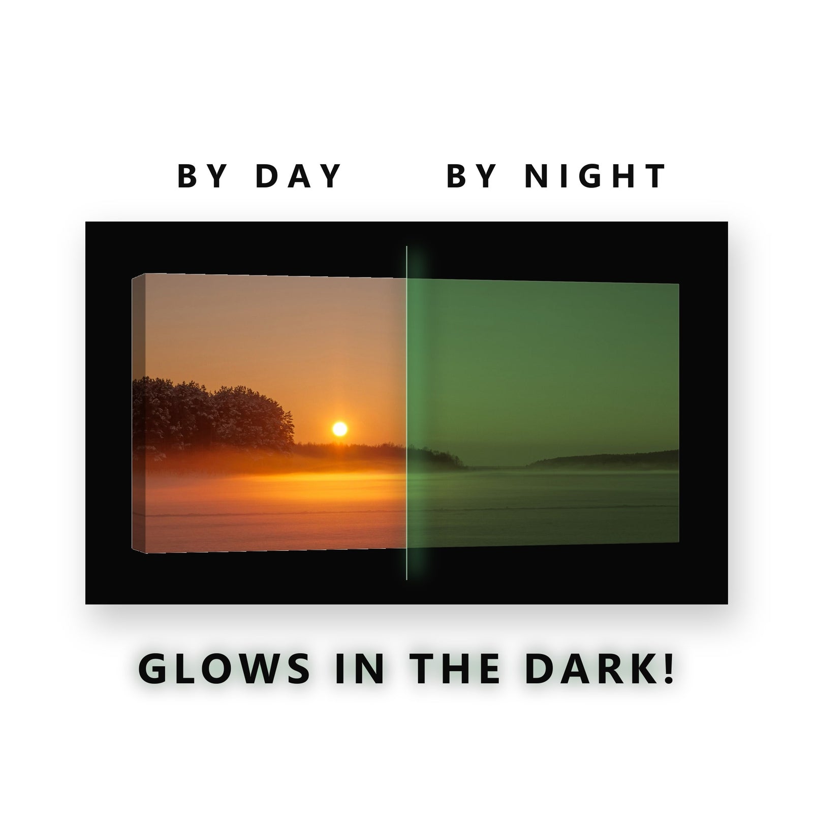 Warm Sunrise Misty Lakeshore Glow in the Dark Canvas Wall Art for Bedroom, glowing at night