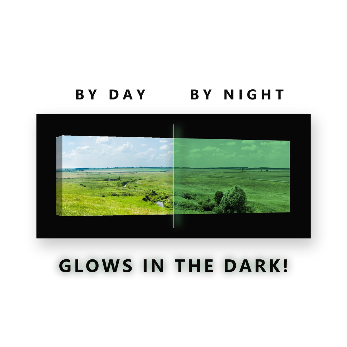 Green Marshland Stream Panorama Glow in the Dark Canvas Wall Art for Living Room, glowing at night