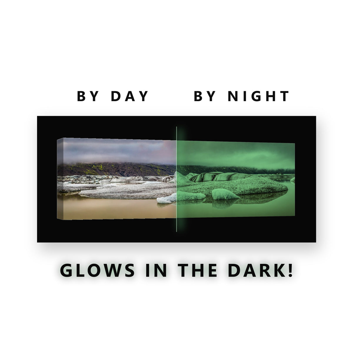 Glacier Lagoon Icebergs Glow in the Dark Canvas Wall Art for Living Room, glowing at night