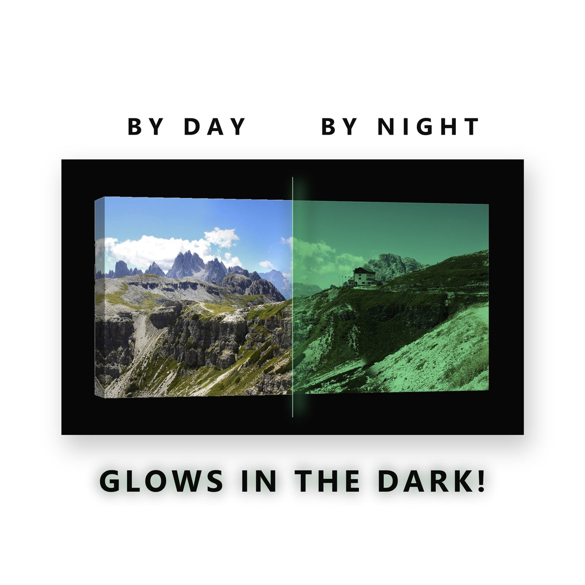 Alpine Hut Dolomite Peaks Glow in the Dark Canvas Wall Art for Living Room, glowing at night