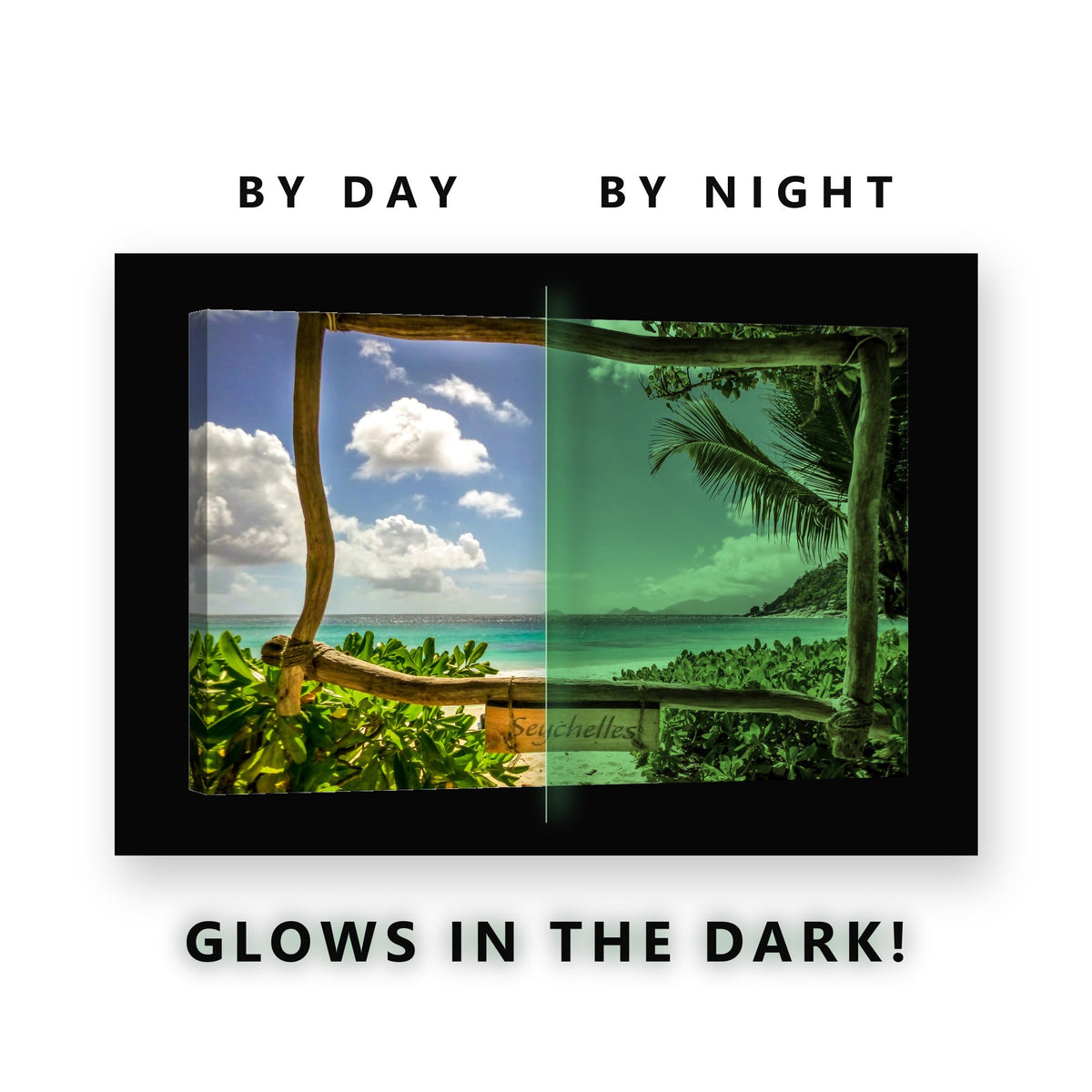 Tropical Beach Frame View Glow in the Dark Canvas Wall Art for Living Room, glowing at night