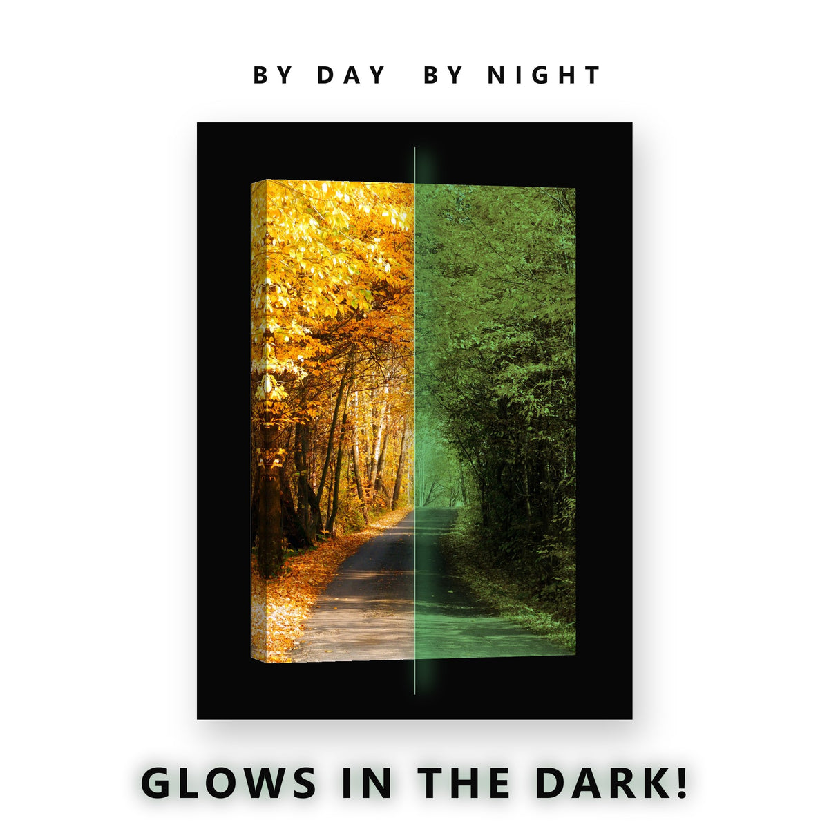 Golden Autumn Road Tunnel Glow in the Dark Canvas Wall Art for Living Room, glowing at night