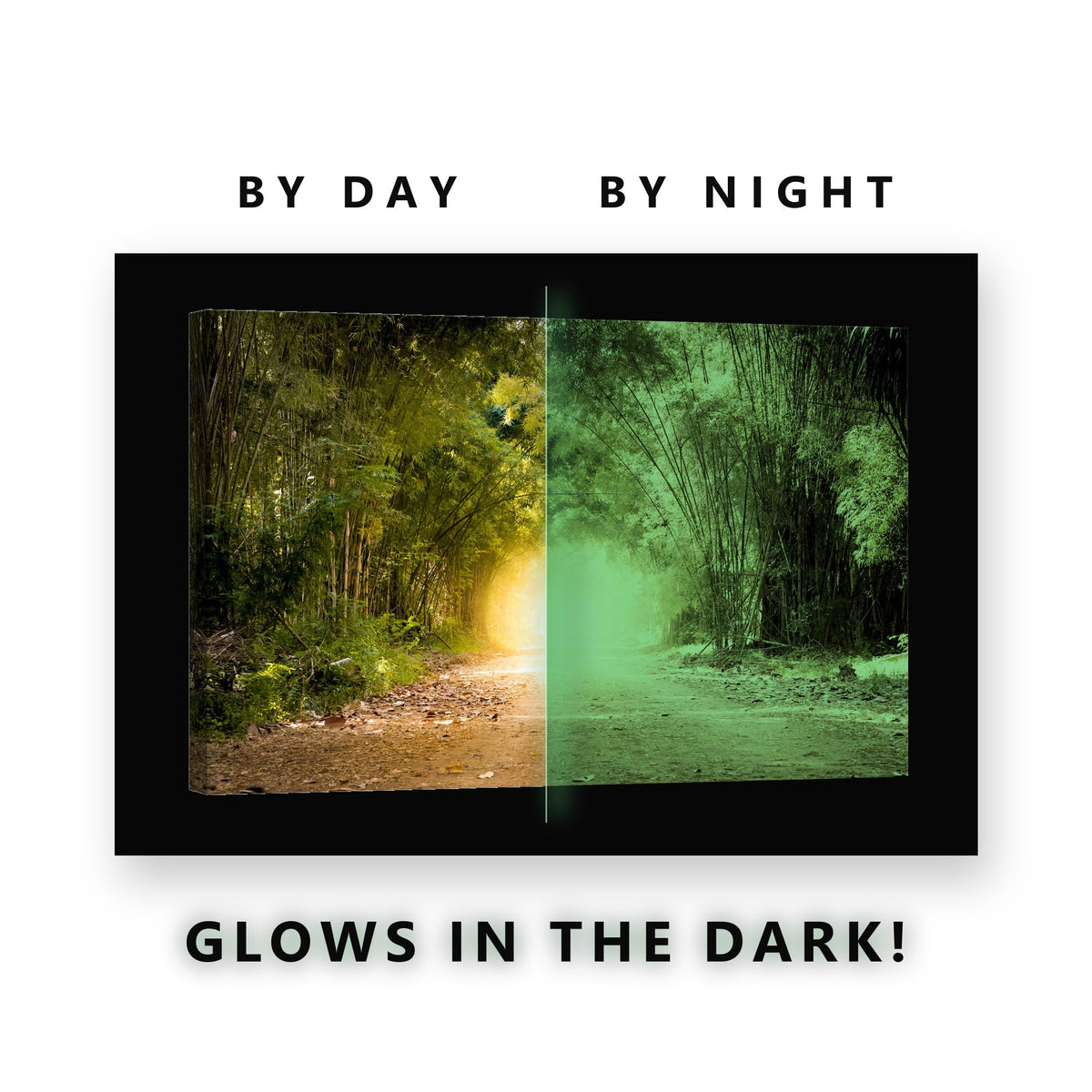 Sunlit Bamboo Tunnel Path Glow in the Dark Canvas Wall Art for Living Room, glowing at night