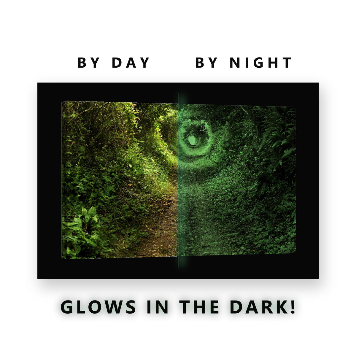 Green Leafy Tunnel Path Glow in the Dark Canvas Wall Art for Living Room, glowing at night