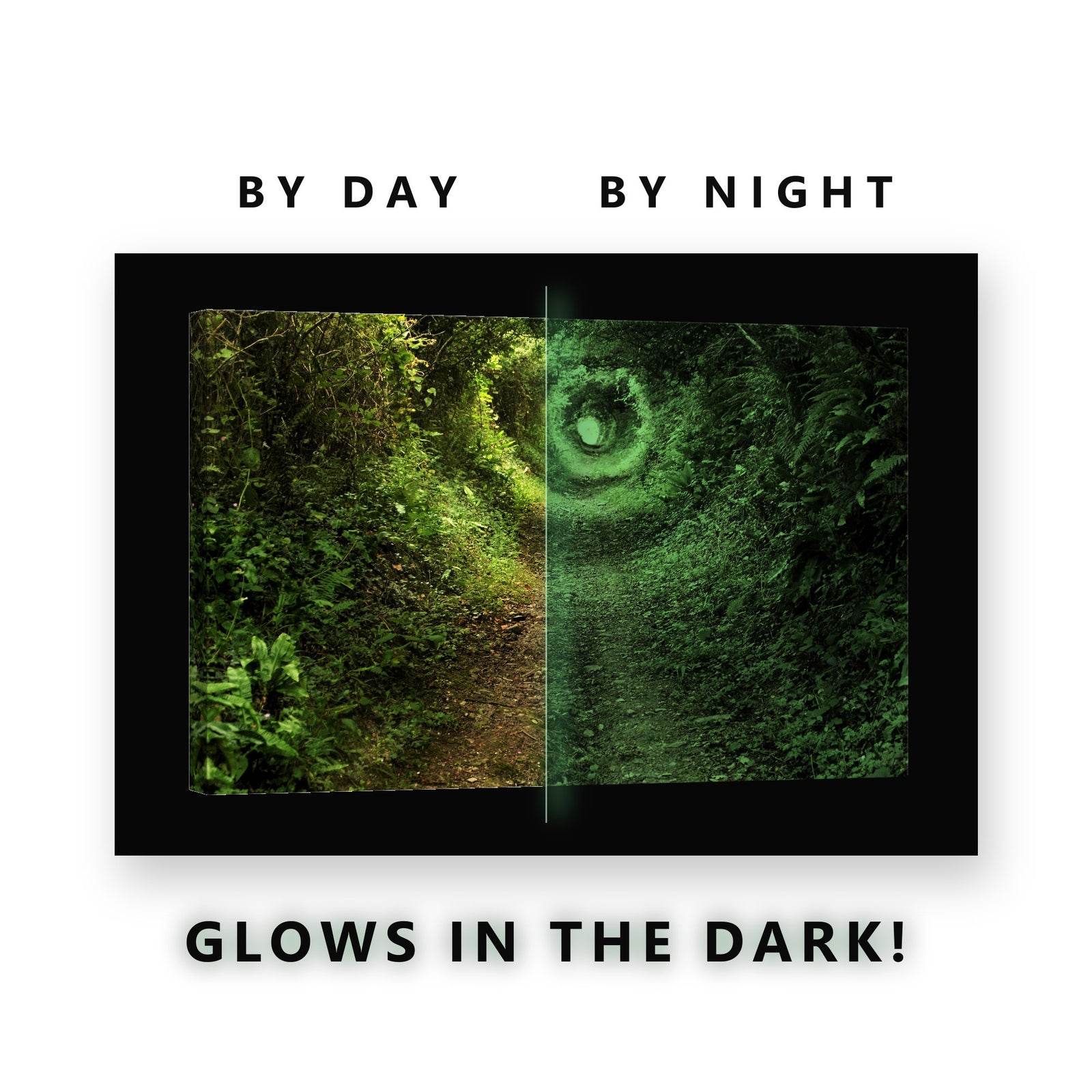 Green Leafy Tunnel Path Glow in the Dark Canvas Wall Art for Living Room, glowing at night