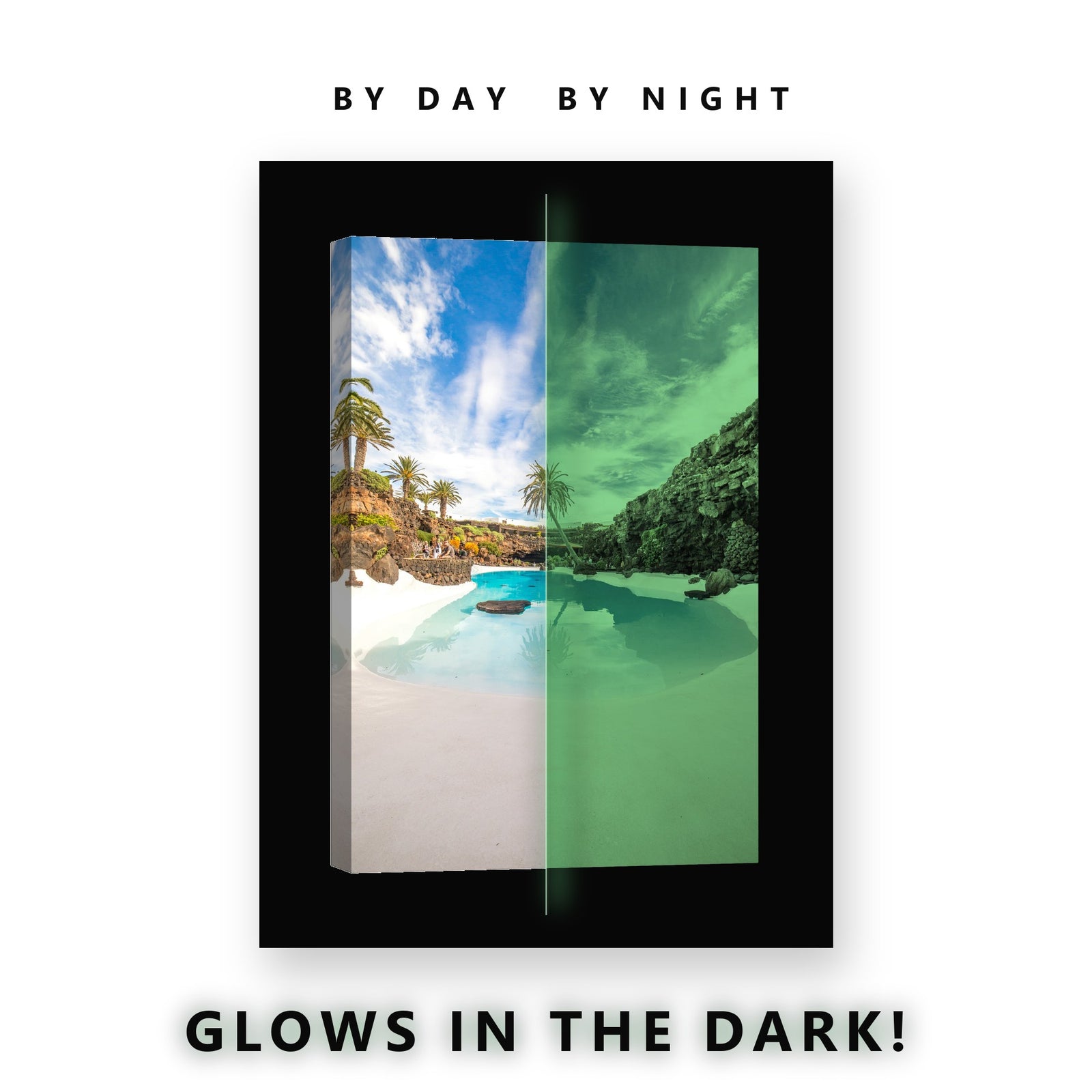 Volcanic Cave Pool Palms Glow in the Dark Canvas Wall Art for Living Room, glowing at night