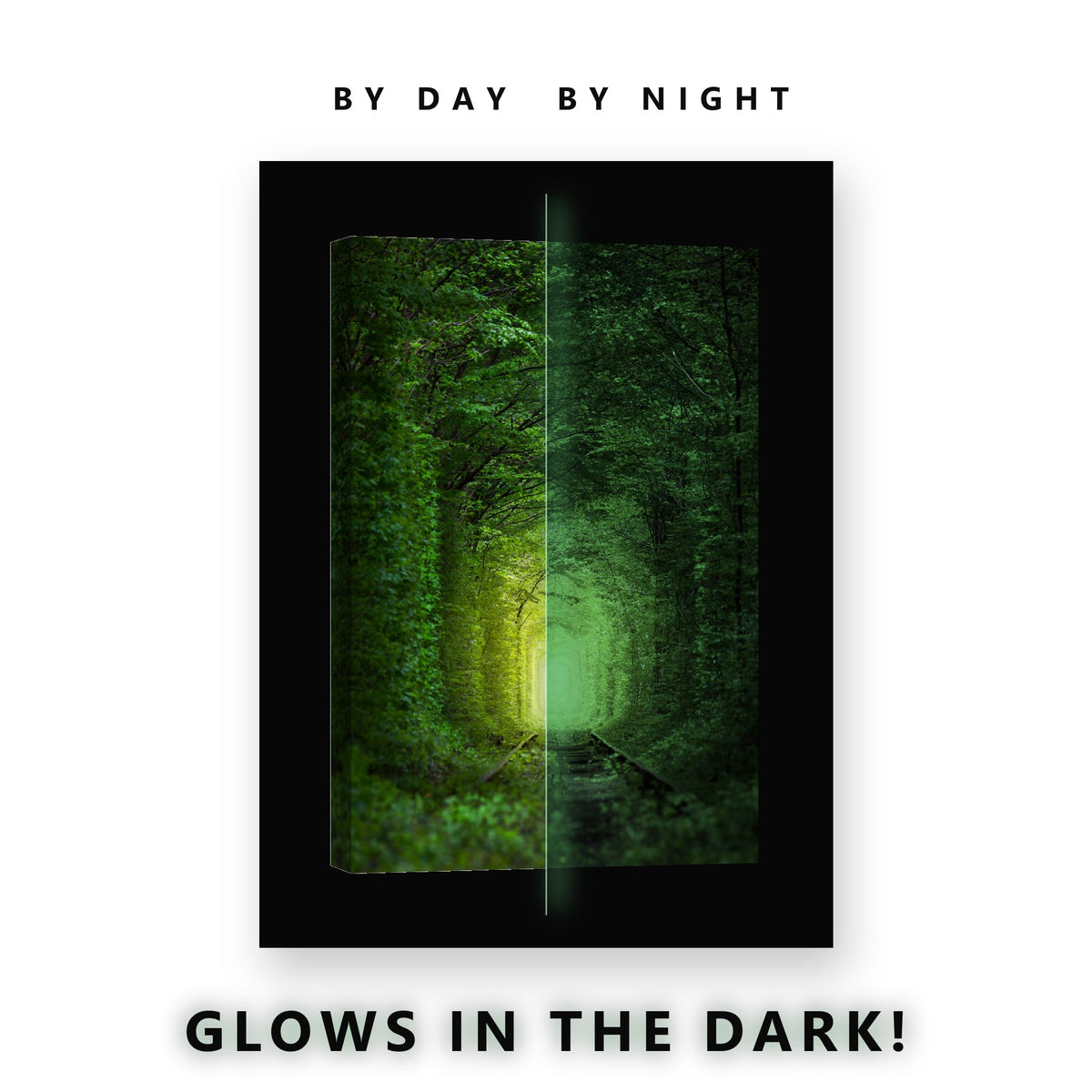 Green Tree Tunnel Railway Glow in the Dark Canvas Wall Art for Living Room, glowing at night