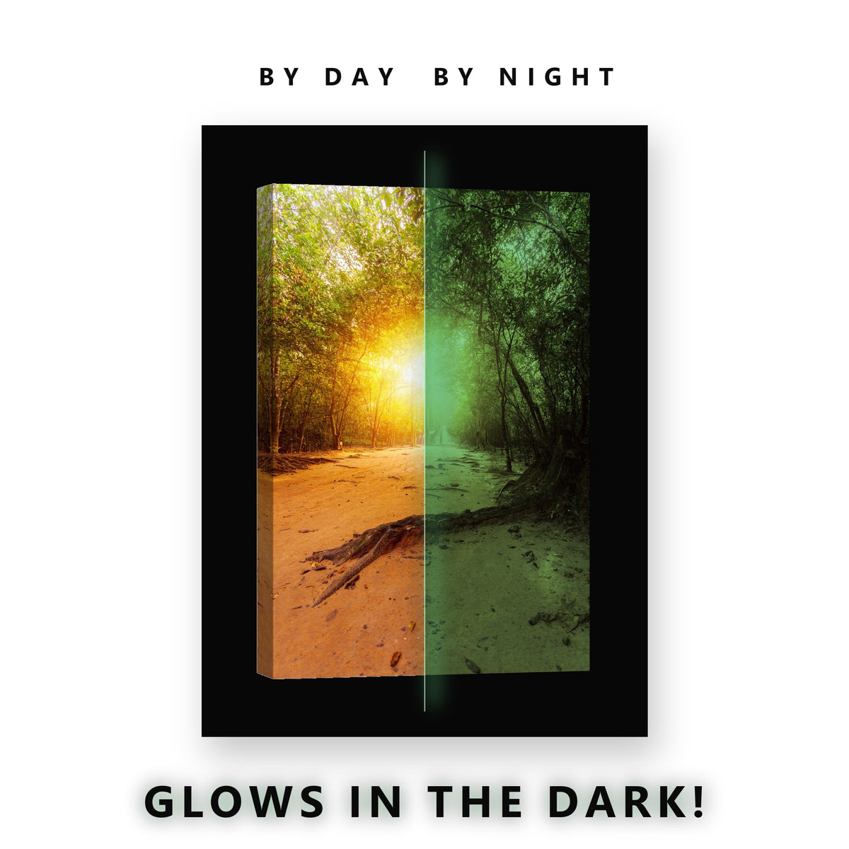 Golden Forest Path Sunlight Glow in the Dark Canvas Wall Art for Living Room, glowing at night