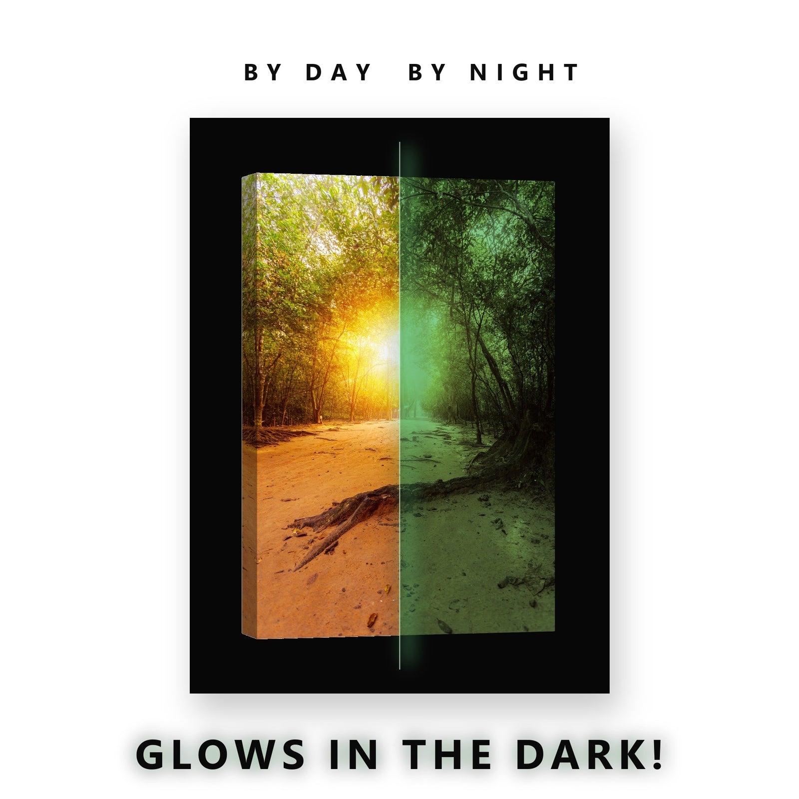 Golden Forest Path Sunlight Glow in the Dark Canvas Wall Art for Living Room, glowing at night