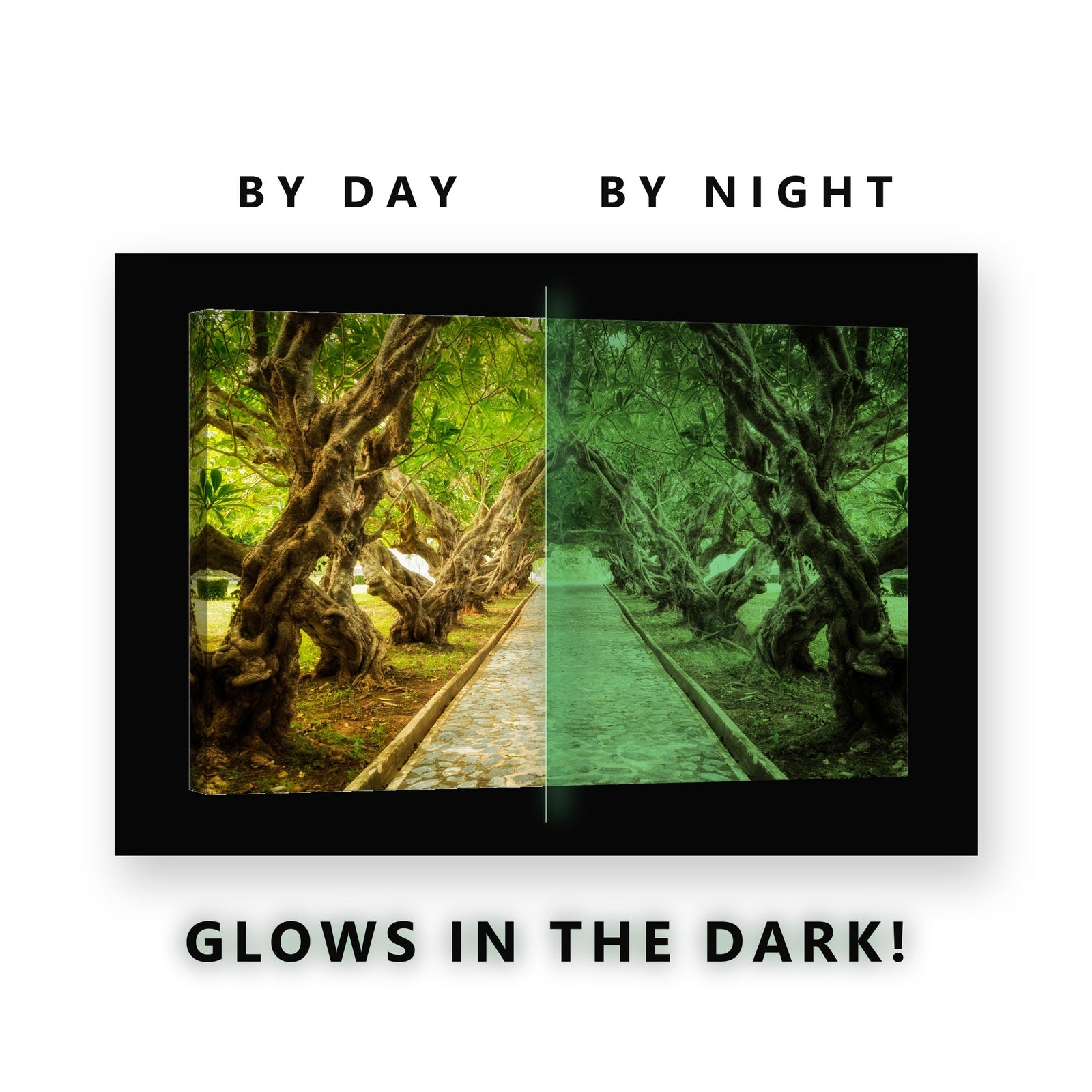 Twisted Tree Archway Path Glow in the Dark Canvas Wall Art for Living Room, glowing at night