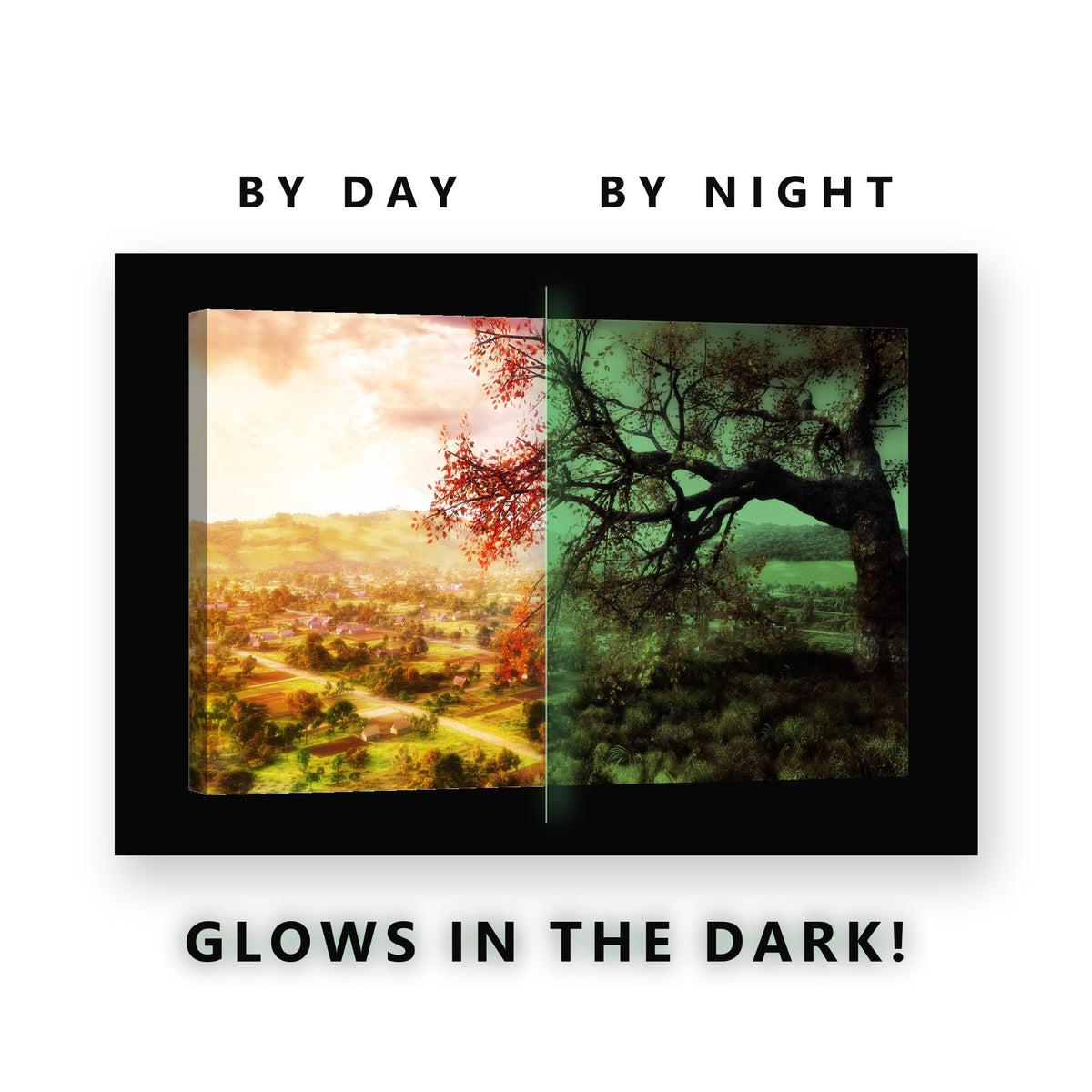 Red Autumn Tree Village View Glow in the Dark Canvas Wall Art for Living Room, glowing at night