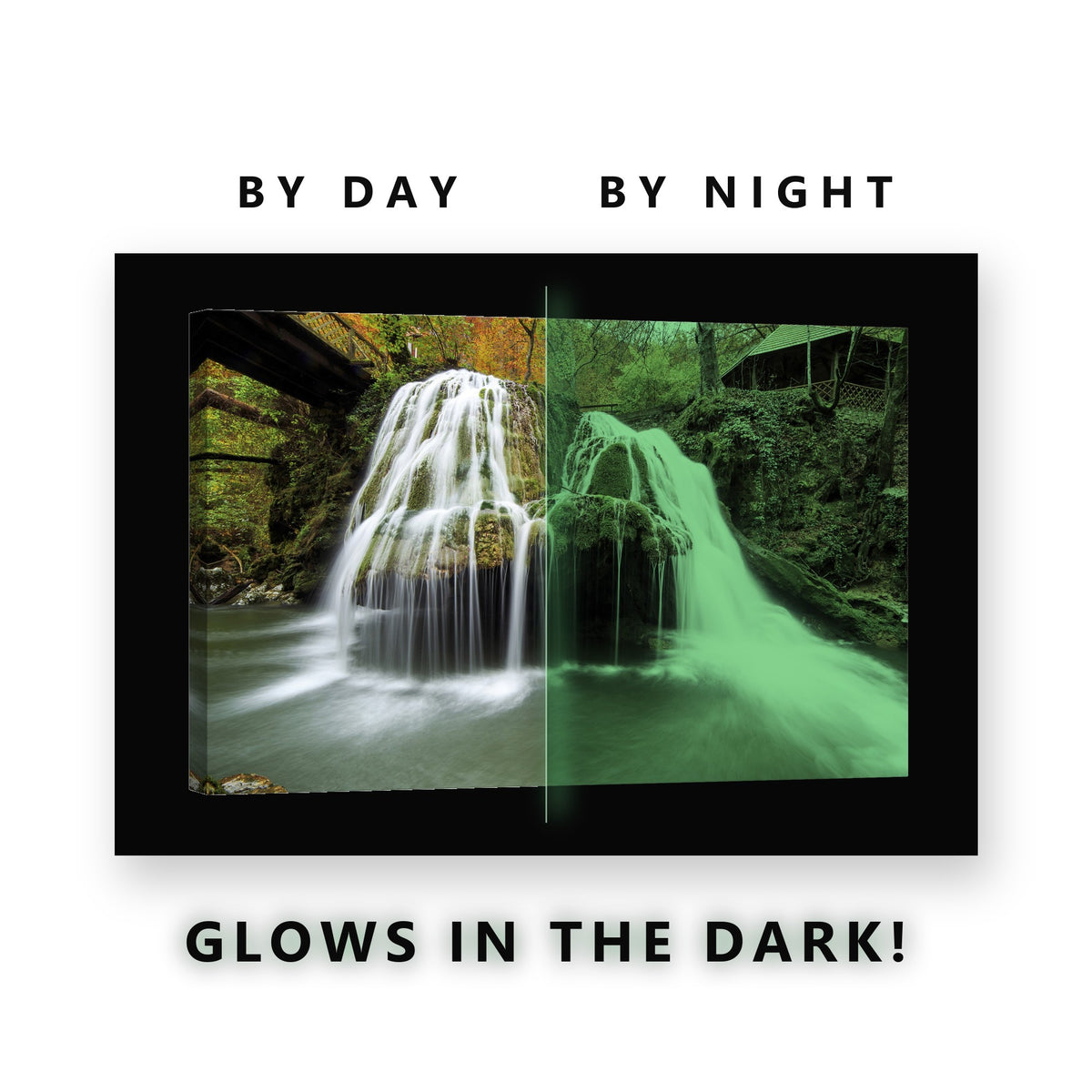 Mossy Tiered Waterfall Mill Glow in the Dark Canvas Wall Art for Living Room, glowing at night
