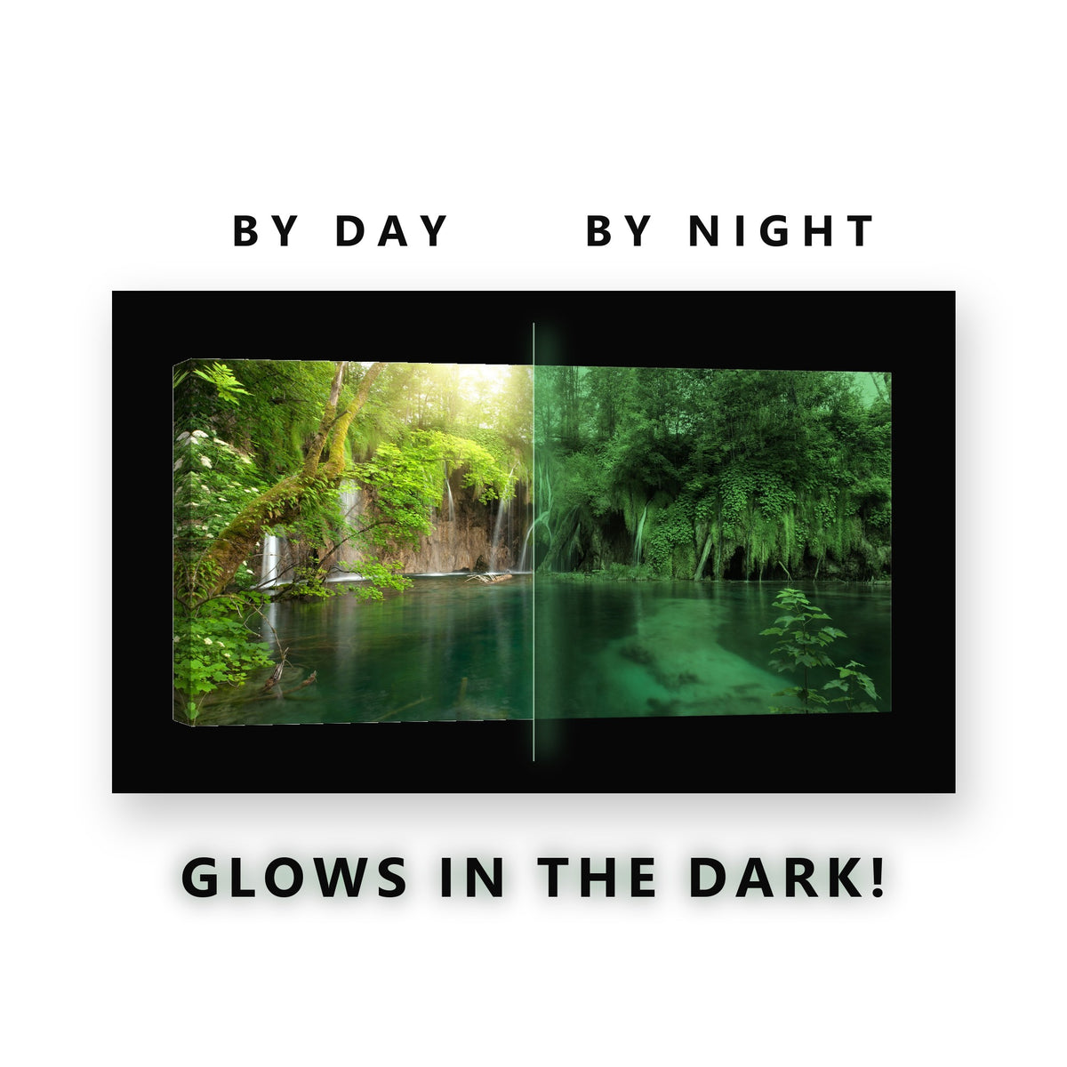 Turquoise Lake Waterfalls Glow in the Dark Canvas Wall Art for Living Room, glowing at night