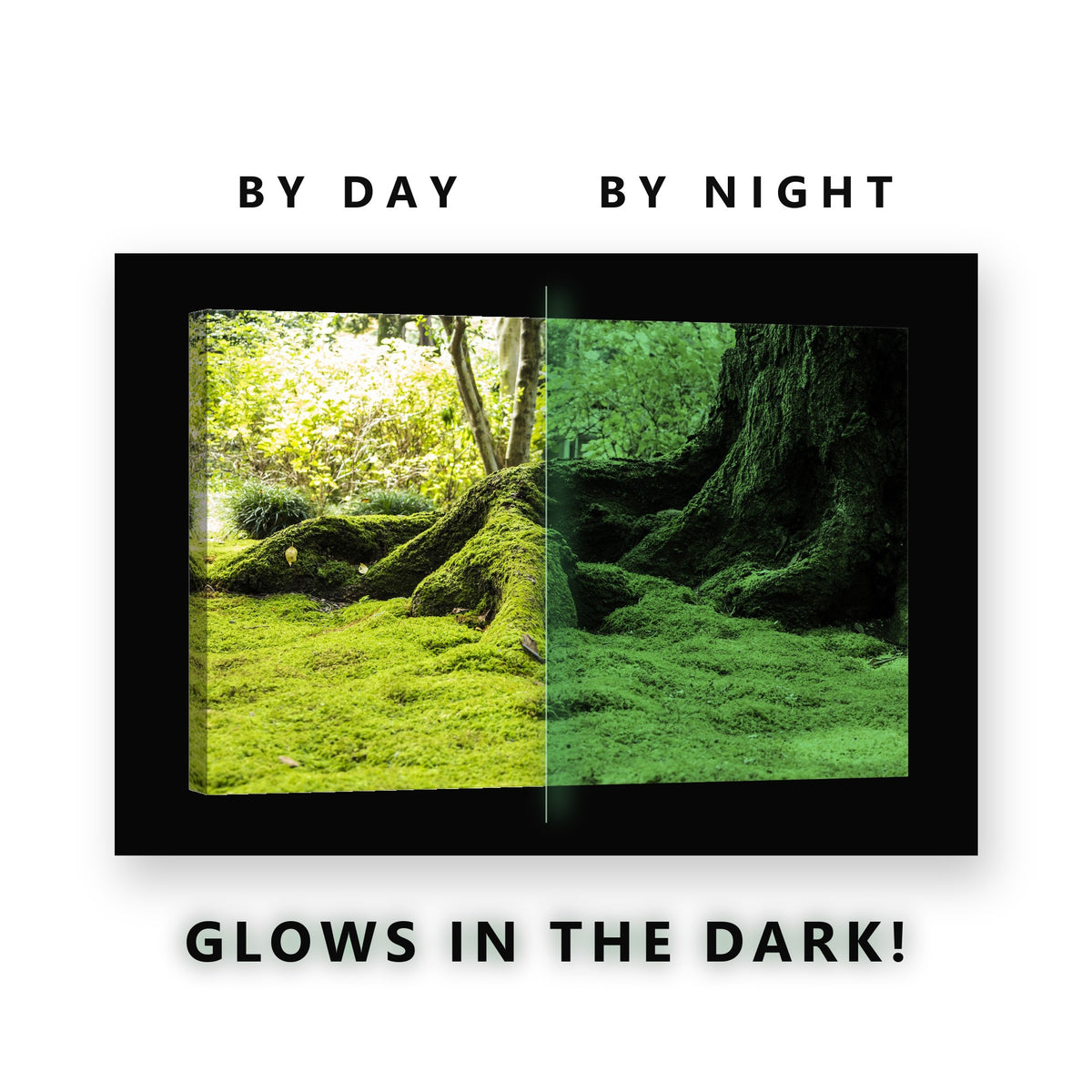 Thick Green Moss Roots Glow in the Dark Canvas Wall Art for Living Room, glowing at night