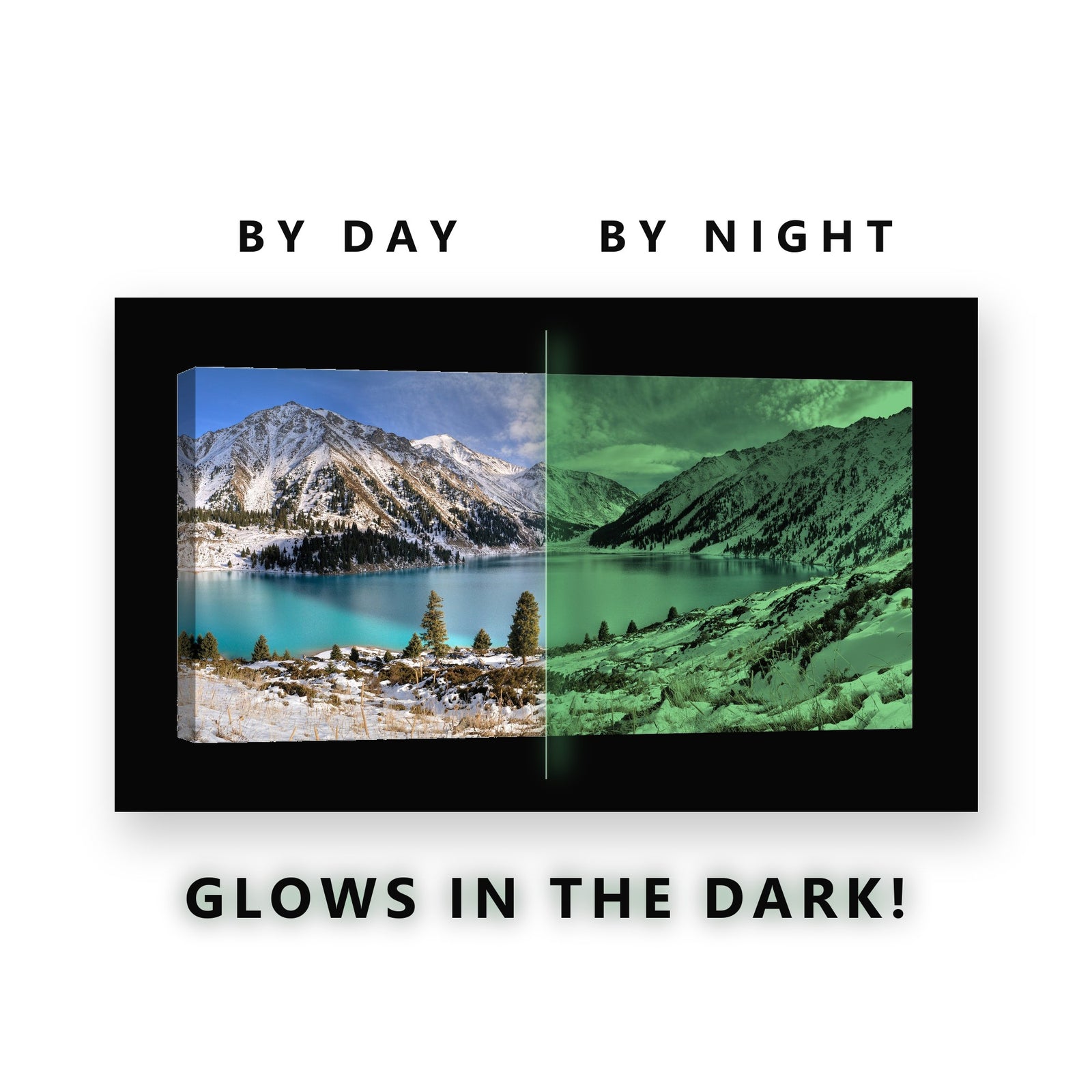 Turquoise Alpine Lake Mountains Glow in the Dark Canvas Wall Art for Living Room, glowing at night