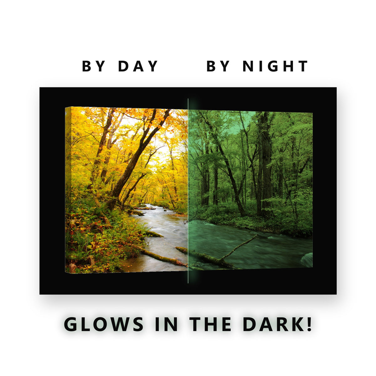 Golden Autumn Forest River Glow in the Dark Canvas Wall Art for Living Room, glowing at night