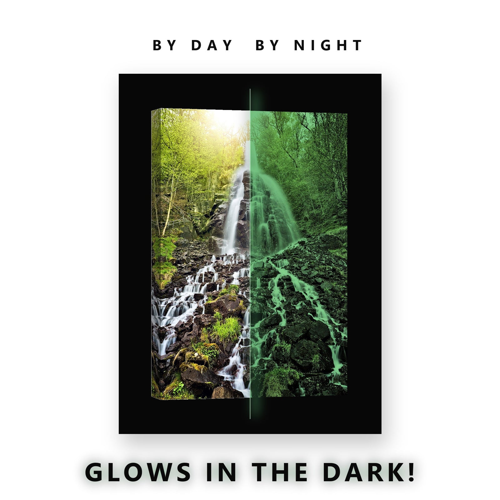 Sunlit Waterfall Rocky Steps Glow in the Dark Canvas Wall Art for Living Room, glowing at night