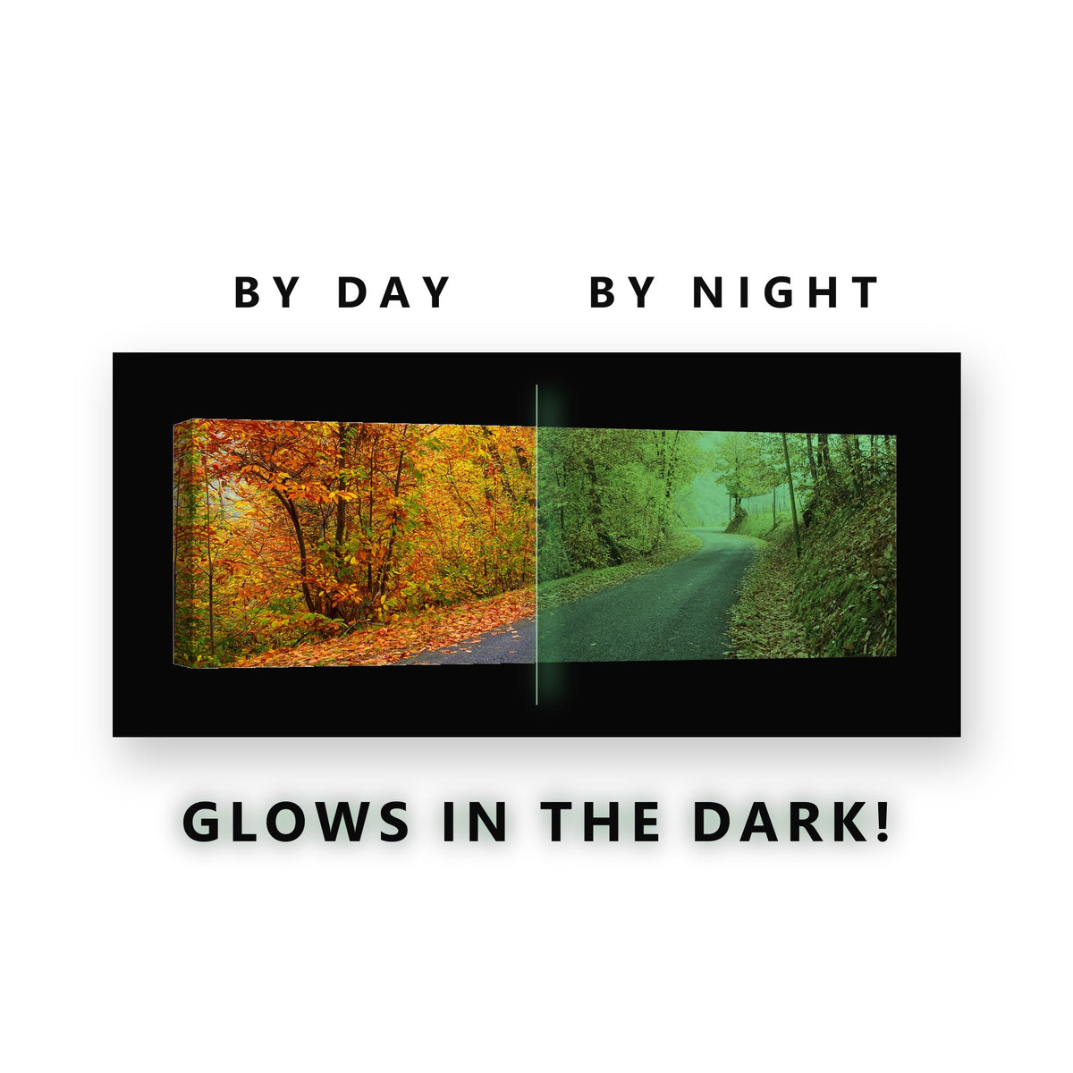 Winding Autumn Forest Road Glow in the Dark Canvas Wall Art for Living Room, glowing at night