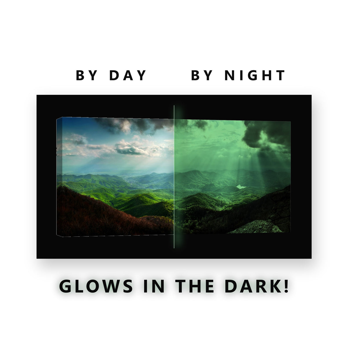 Sun Rays Green Mountain Range Glow in the Dark Canvas Wall Art for Living Room, glowing at night