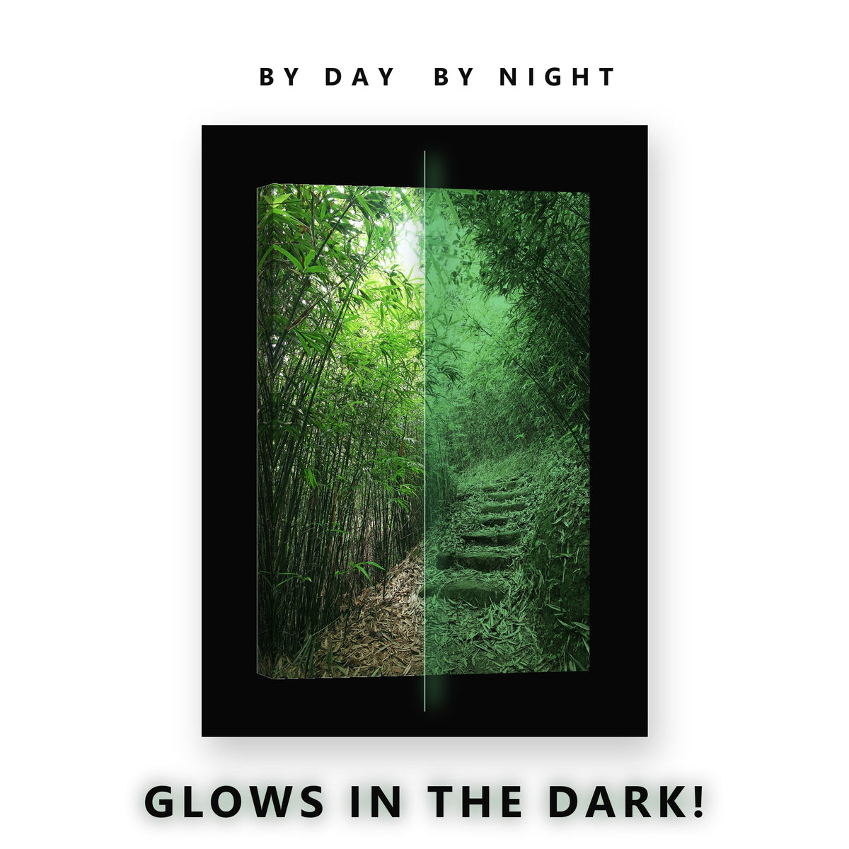 Bamboo Forest Stone Steps Glow in the Dark Canvas Wall Art for Living Room, glowing at night