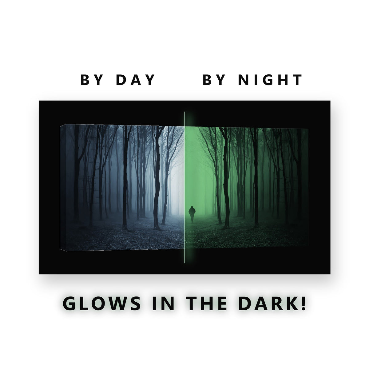 Lone Figure Misty Forest Glow in the Dark Canvas Wall Art for Man Cave, glowing at night