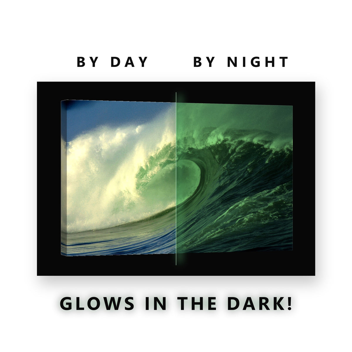 Teal Ocean Wave Curl Glow in the Dark Canvas Wall Art for Boys Bedroom, glowing at night