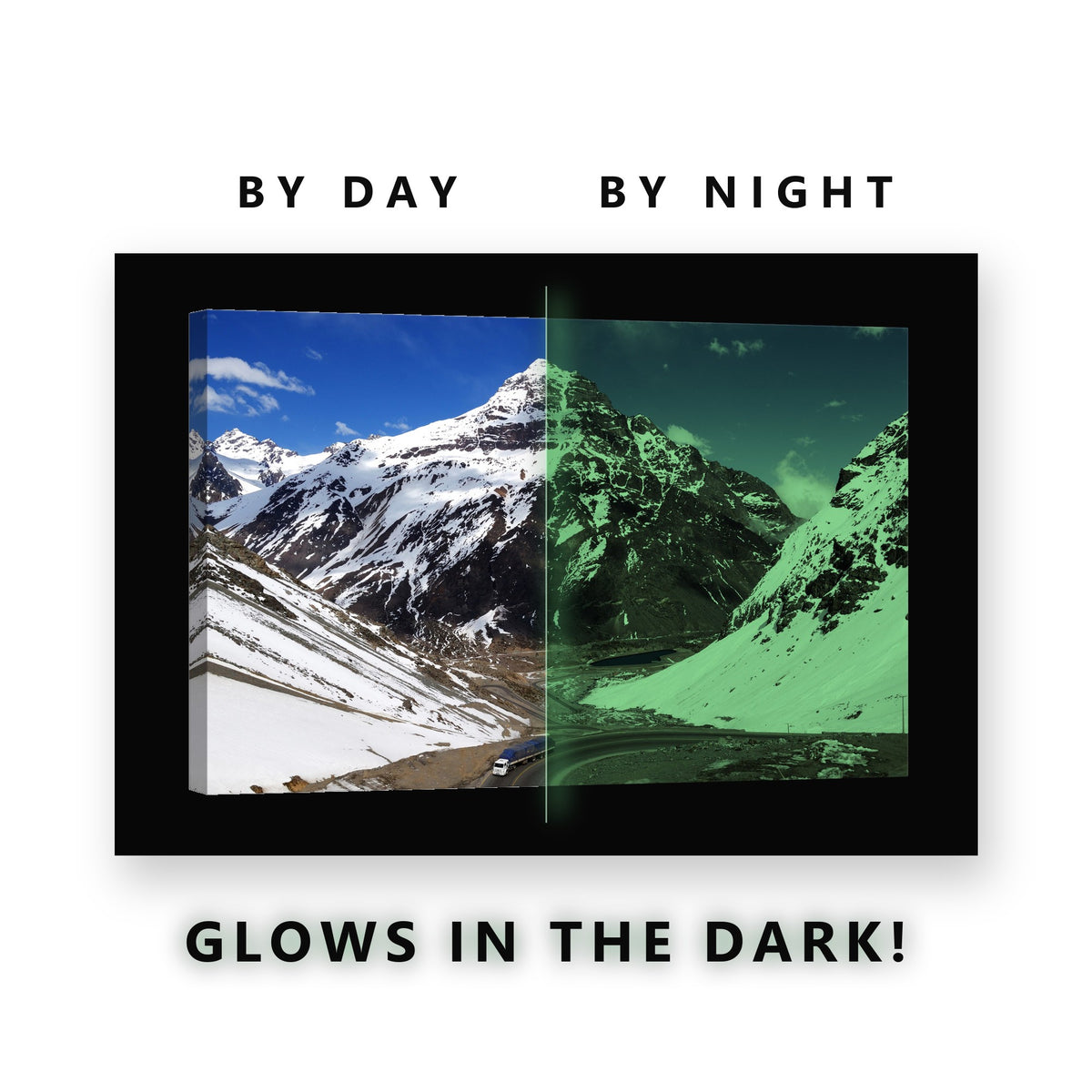 Snowy Andes Peak Mountain Pass Glow in the Dark Canvas Wall Art for Living Room, glowing at night