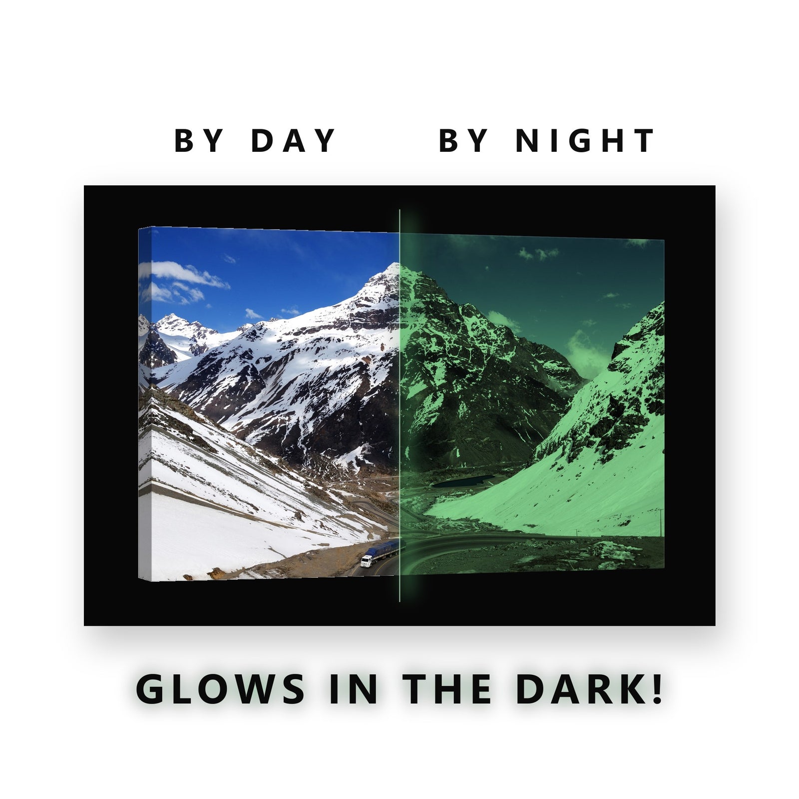 Snowy Andes Peak Mountain Pass Glow in the Dark Canvas Wall Art for Living Room, glowing at night