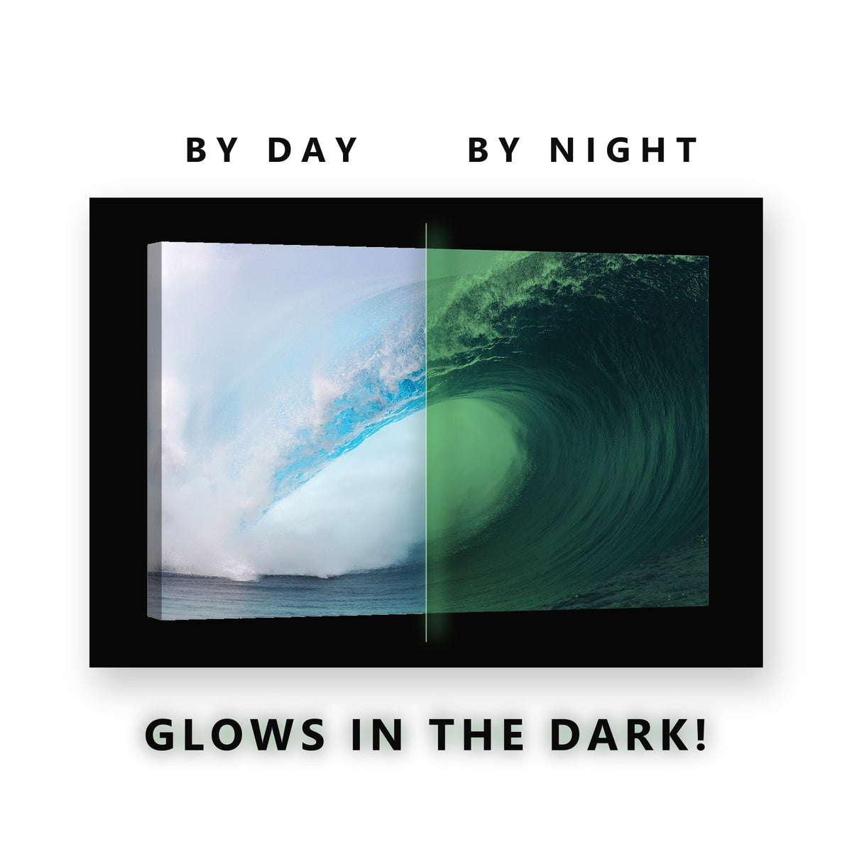Blue Ocean Wave Curl Glow in the Dark Canvas Wall Art for Man Cave, glowing at night