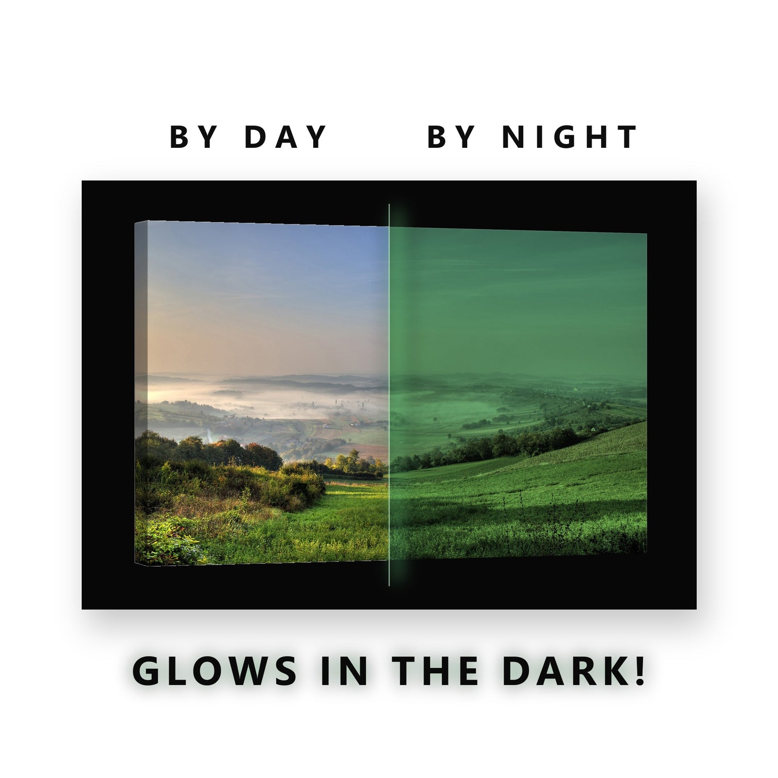 Misty Countryside Valley Dawn Glow in the Dark Canvas Wall Art for Living Room, glowing at night