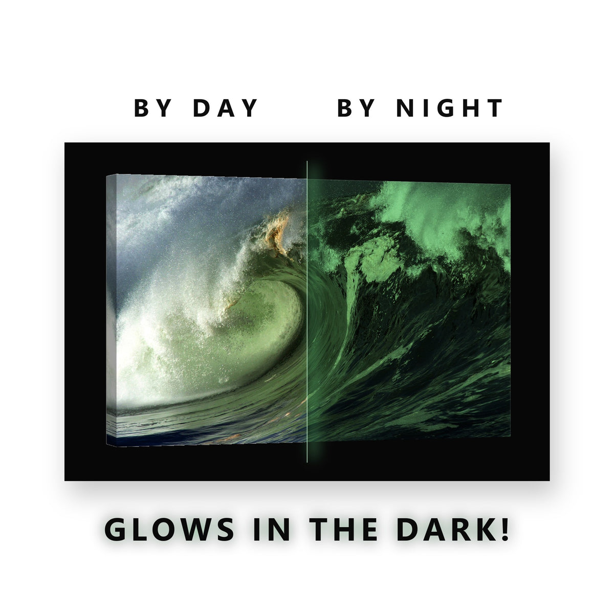 Green Wave Barrel Golden Light Glow in the Dark Canvas Wall Art for Boys Bedroom, glowing at night