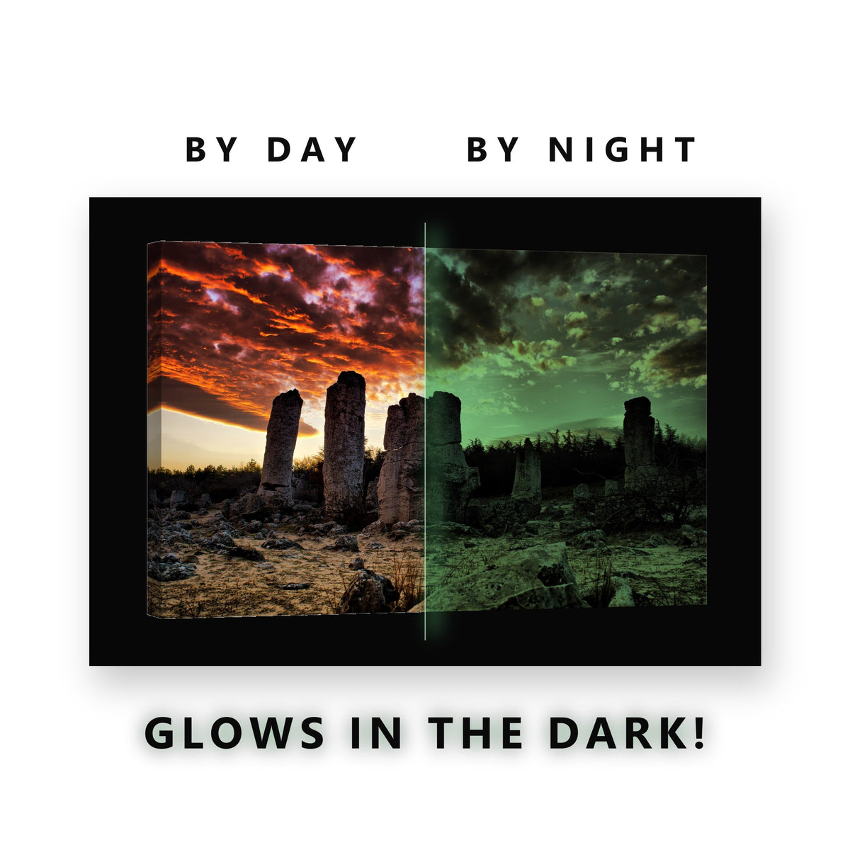Red Sunset Stone Pillars Glow in the Dark Canvas Wall Art for Living Room, glowing at night